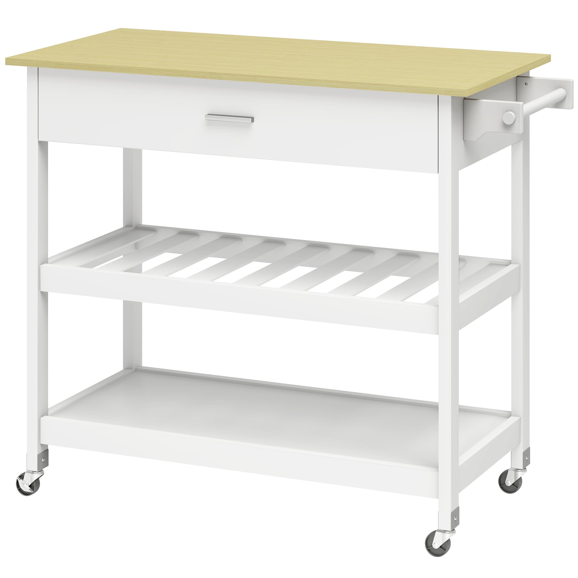 HOMCOM Desserte de cuisine à roulettes, îlot central cuisine avec plan de travail, tiroir, étagères, porte-serviettes, blanc