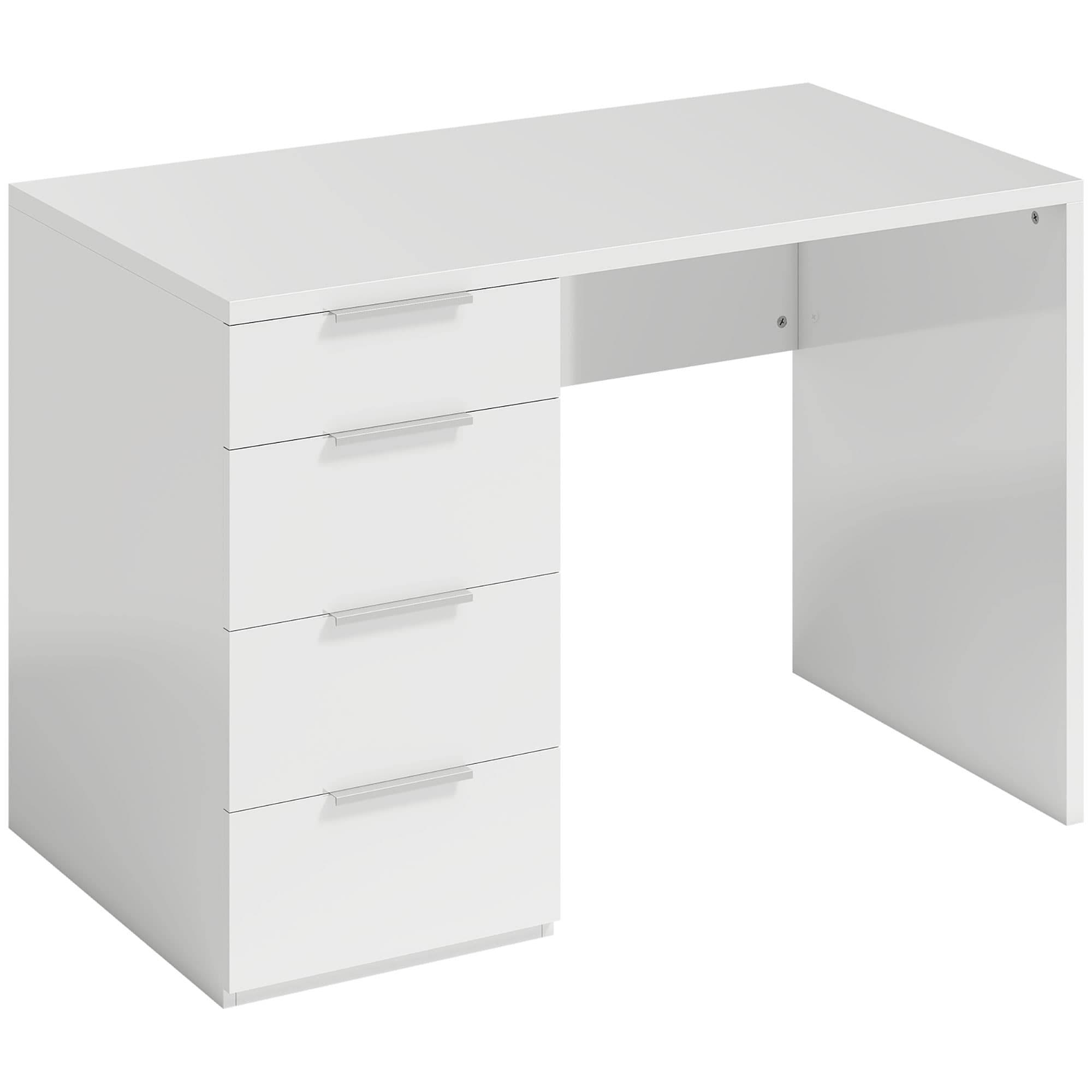 HOMCOM Bureau d'ordinateur à haute brillance avec 4 tiroirs, 110 x 60 cm, bureau avec rangement, style moderne, blanc