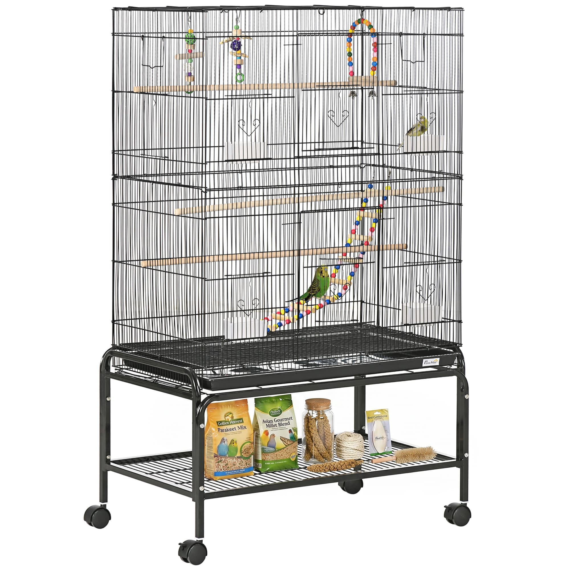 PawHut Cage à oiseaux sur pieds roulettes avec 4 mangeoires et 3 perchoirs 79 x 49 x 133 cm noir Aosom France