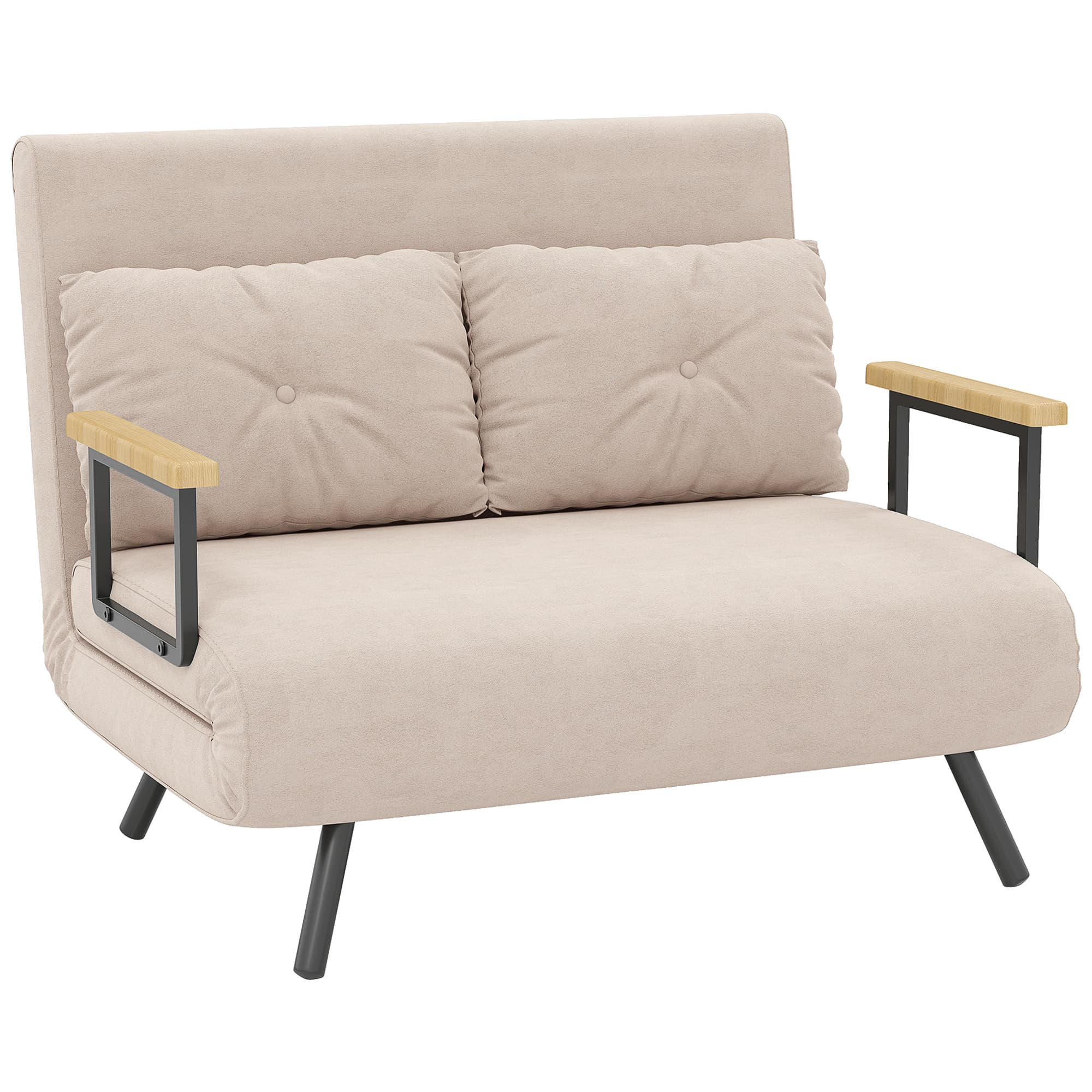HOMCOM Canapé convertible 2 places avec dossier réglable à 5 niveaux et 2 coussins rembourrés, revêtement effet velours, beige