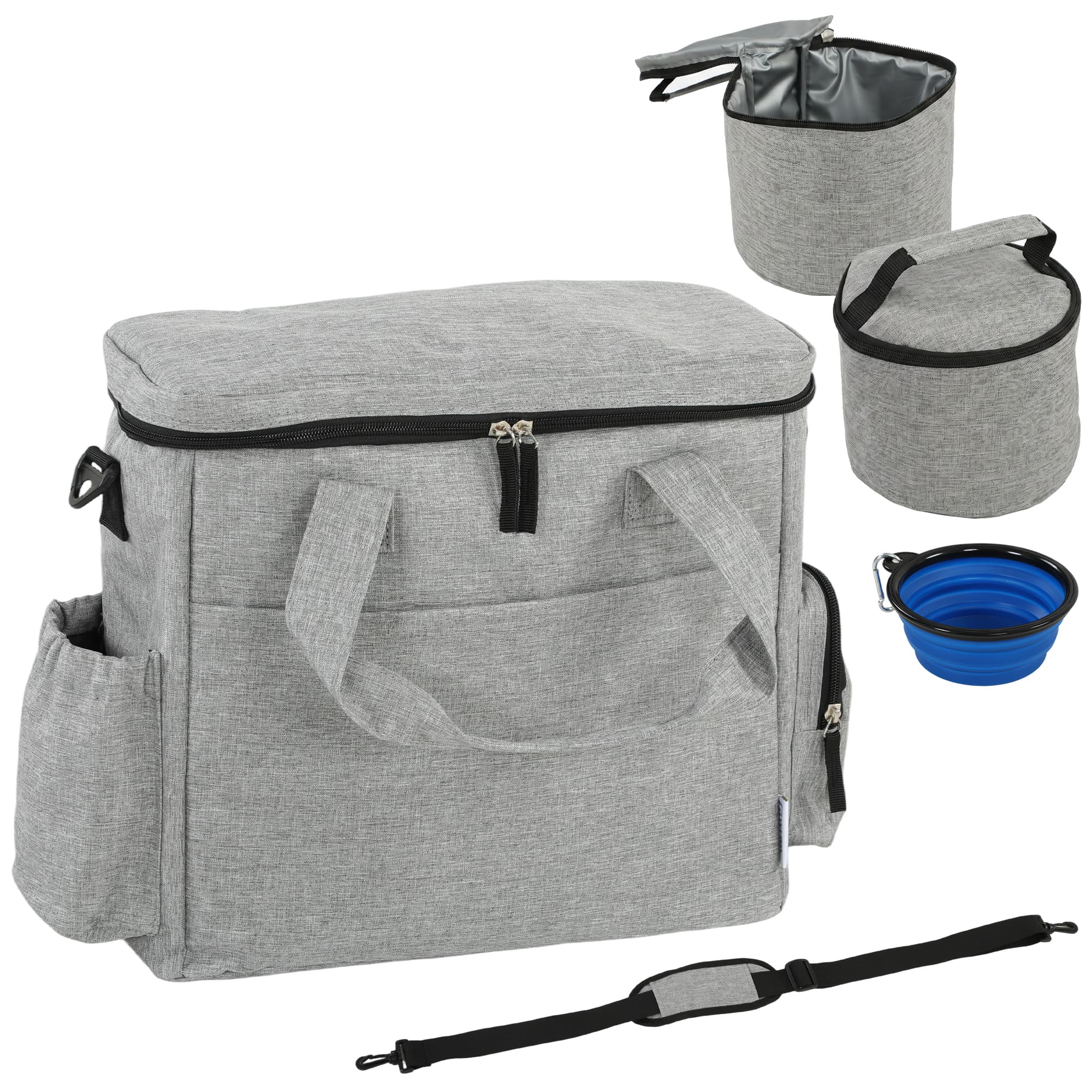 PawHut Sac de Transport pour Chien avec Poches, 2 Sacs à Nourriture, Bol Pliable, Séparateur Réglable, 38x17x35cm, Gris Clair