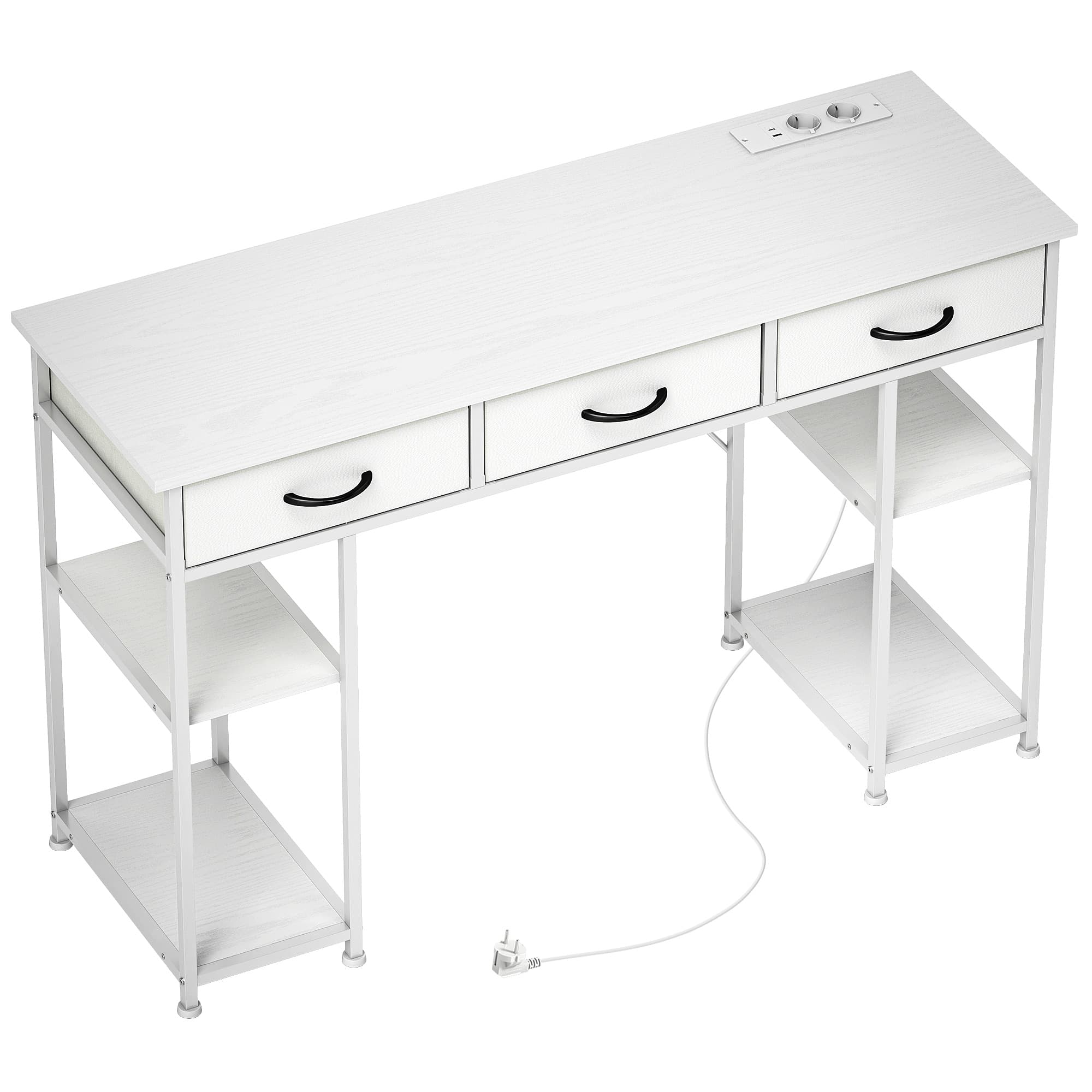 HOMCOM Bureau avec rangement avec prises de courant, 3 tiroirs en tissu et 4 étagères de rangement, 120 x 40 x 76 cm, blanc