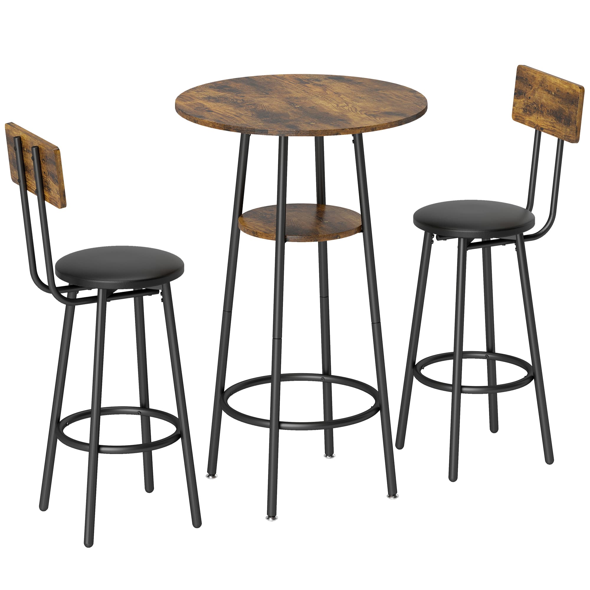 HOMCOM Ensemble table de bar industriel avec 2 tabourets rembourrés, repose-pieds, cadre métallique, table de cuisine avec étagère, brun rustique