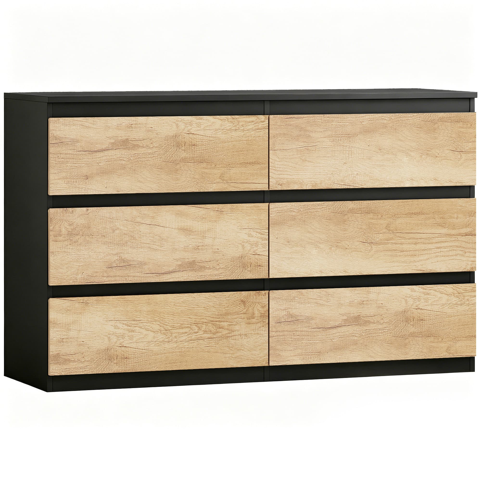 HOMCOM Commode 6 tiroirs meuble de rangement sans poignées design minimaliste 120 x 39 x 75 cm noir et chêne