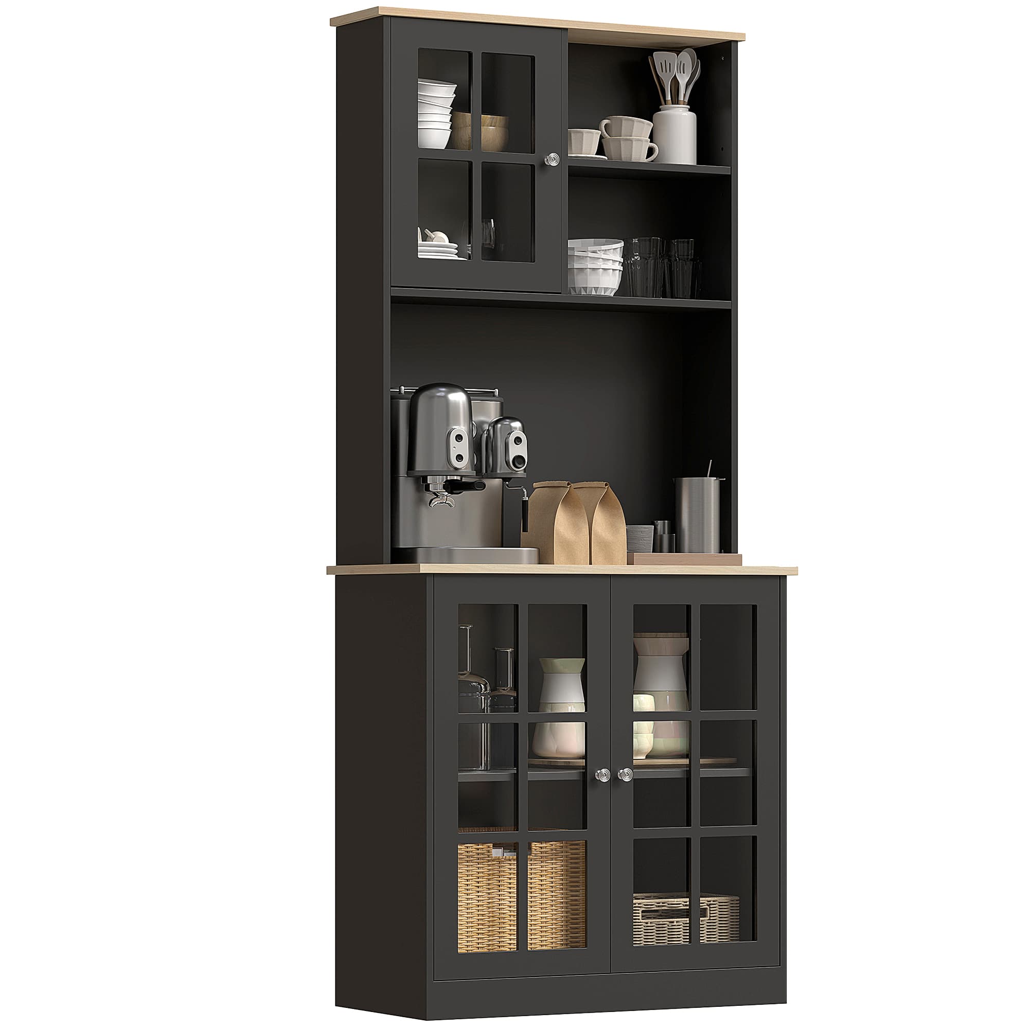 HOMCOM Armoire de cuisine multi-rangements 3 portes vitrine verre avec étagère 2 niches grand plateau MDF noir chêne