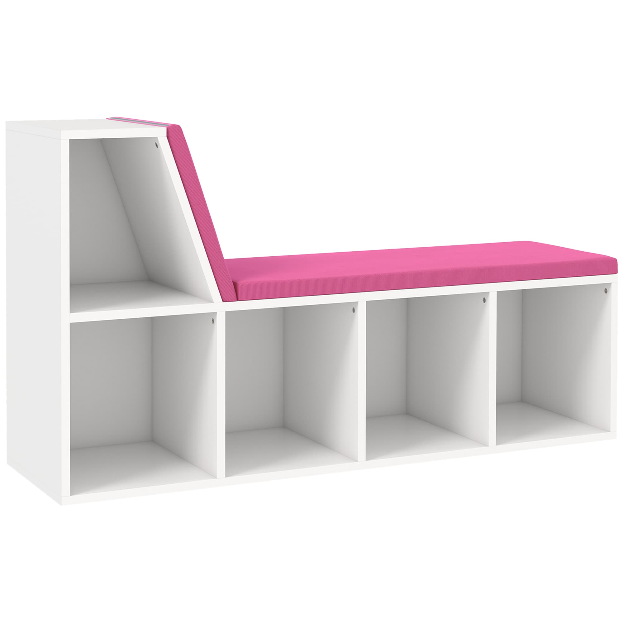 HOMCOM Bibliothèque banc 2 en 1 avec 5 compartiments de rangement et 2 coussins 108 x 30 x 60 cm blanc rose