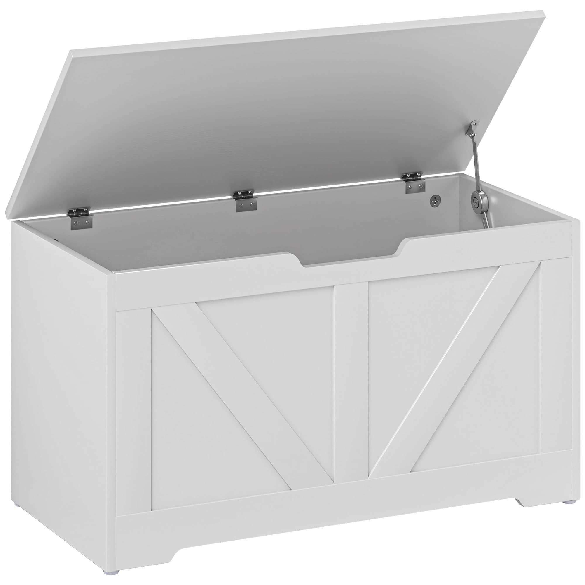 HOMCOM Coffre de rangement, banc de rangement avec couvercle rabattable et charnières de sécurité, 80 x 40 x 45 cm, blanc