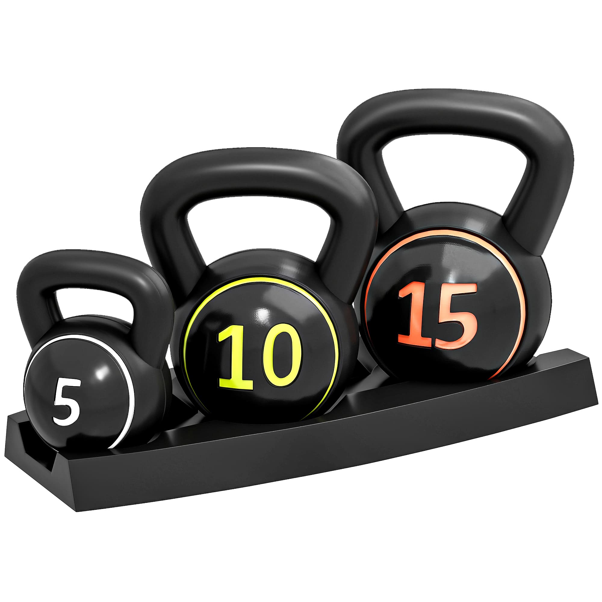 SPORTNOW Lot de 3 kettlebells 5, 10 et 15kg poignée antidérapante entraînement sport fitness avec plateau de rangement noir