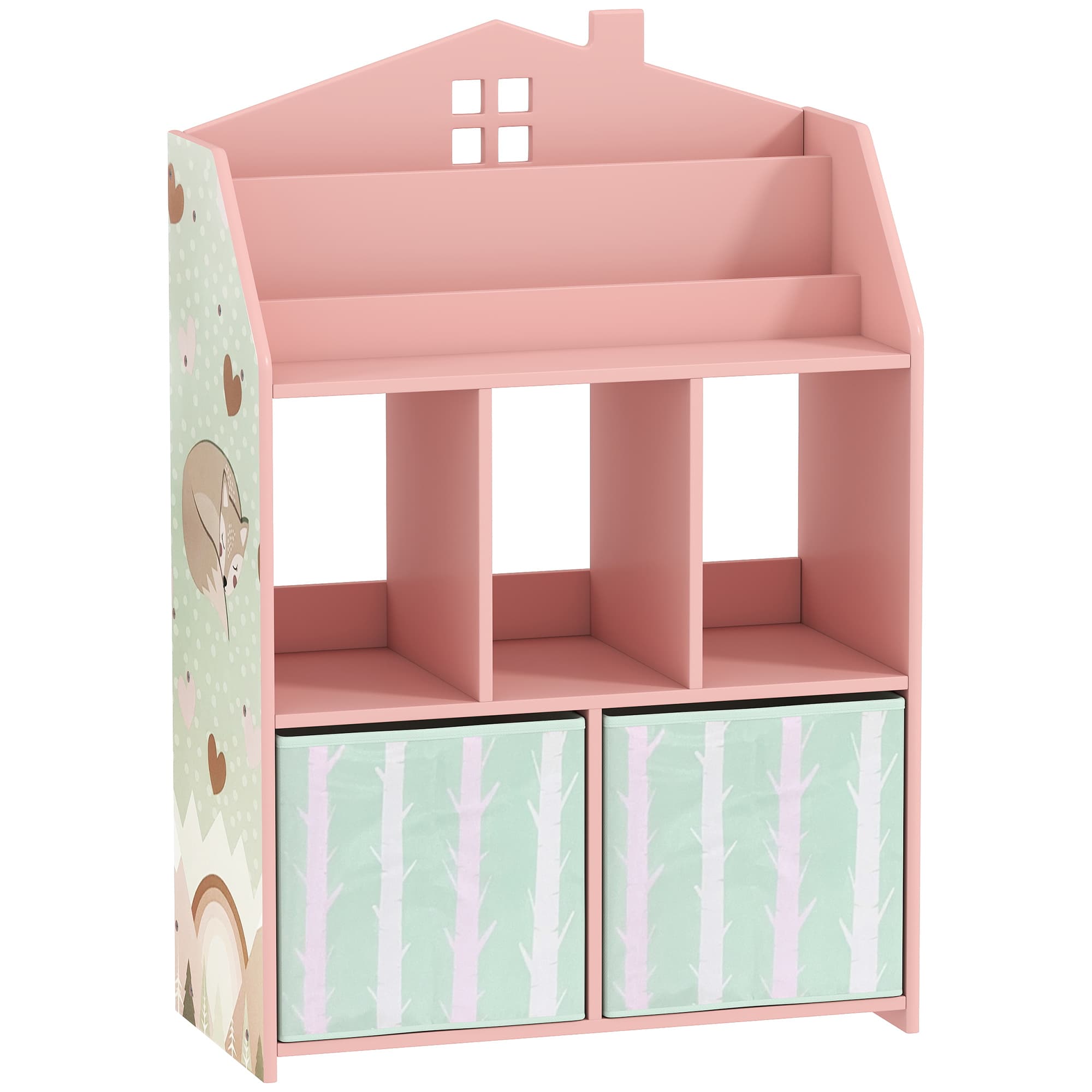 AIYAPLAY Meuble rangement enfant, bibliothèque enfants avec étagères ouvertes et 2 tiroirs en tissu, MDF, rose