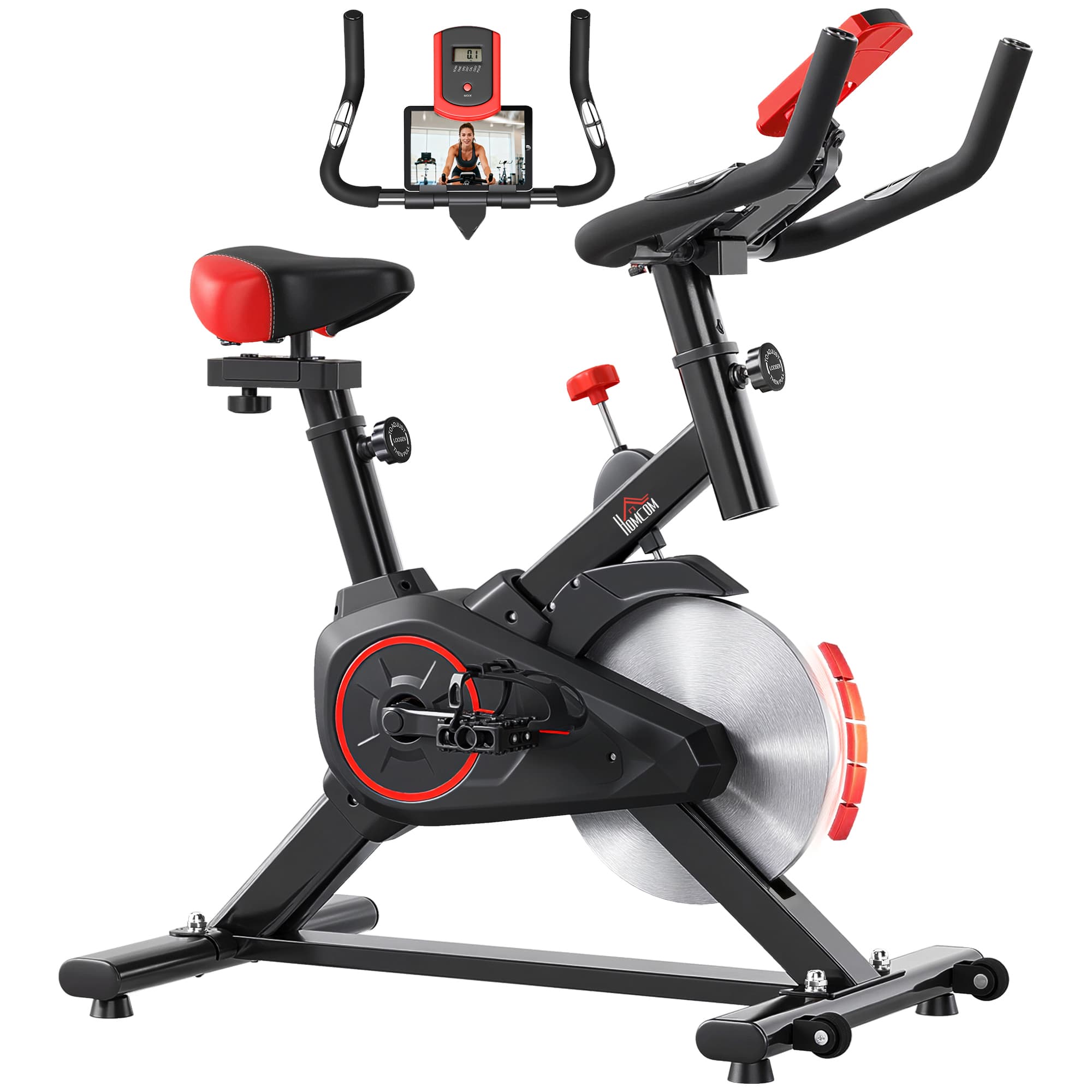 HOMCOM Vélo d'appartement avec écran LCD multifonctions training selle et guidon réglables poids volant inertie 6 Kg acier noir et rouge