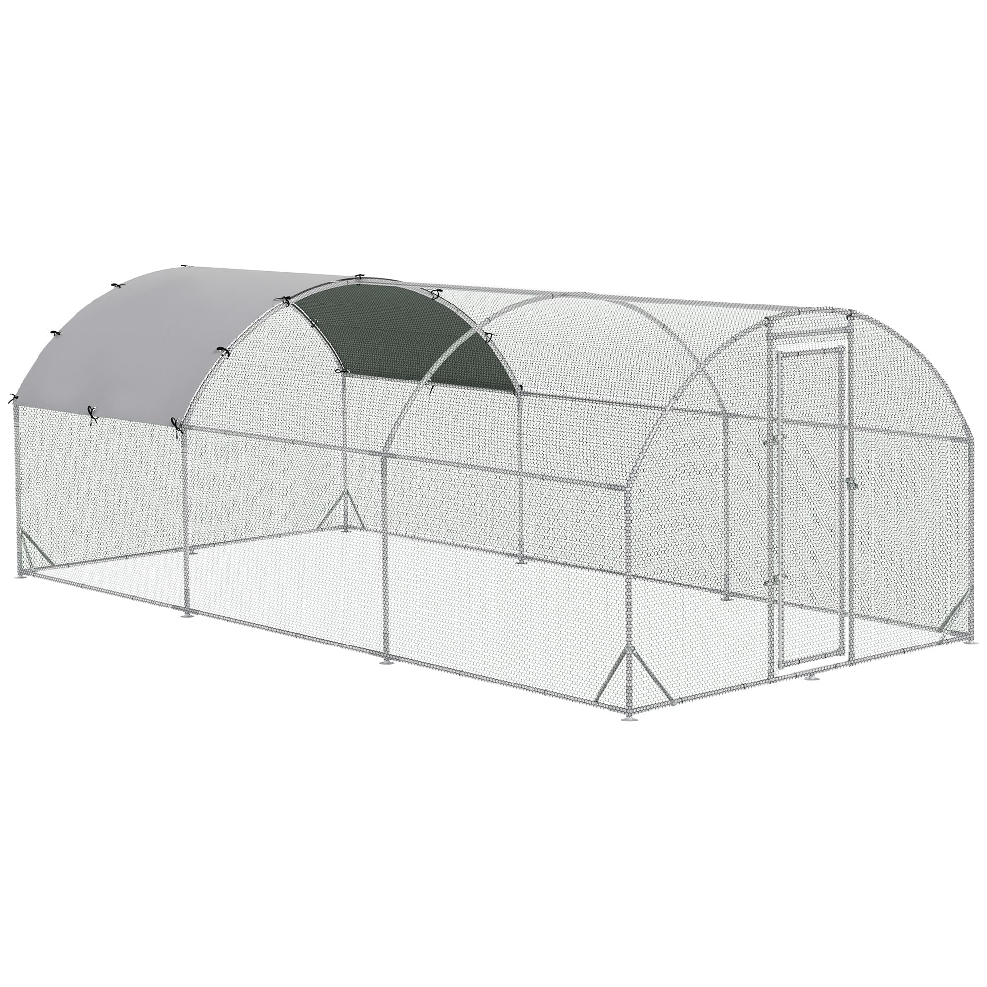 PawHut Grand enclos poulailler 15,96 m2 parc grillagé toit anti-UV porte verouillable 2,8 x 5,7 x 1,97 m argenté