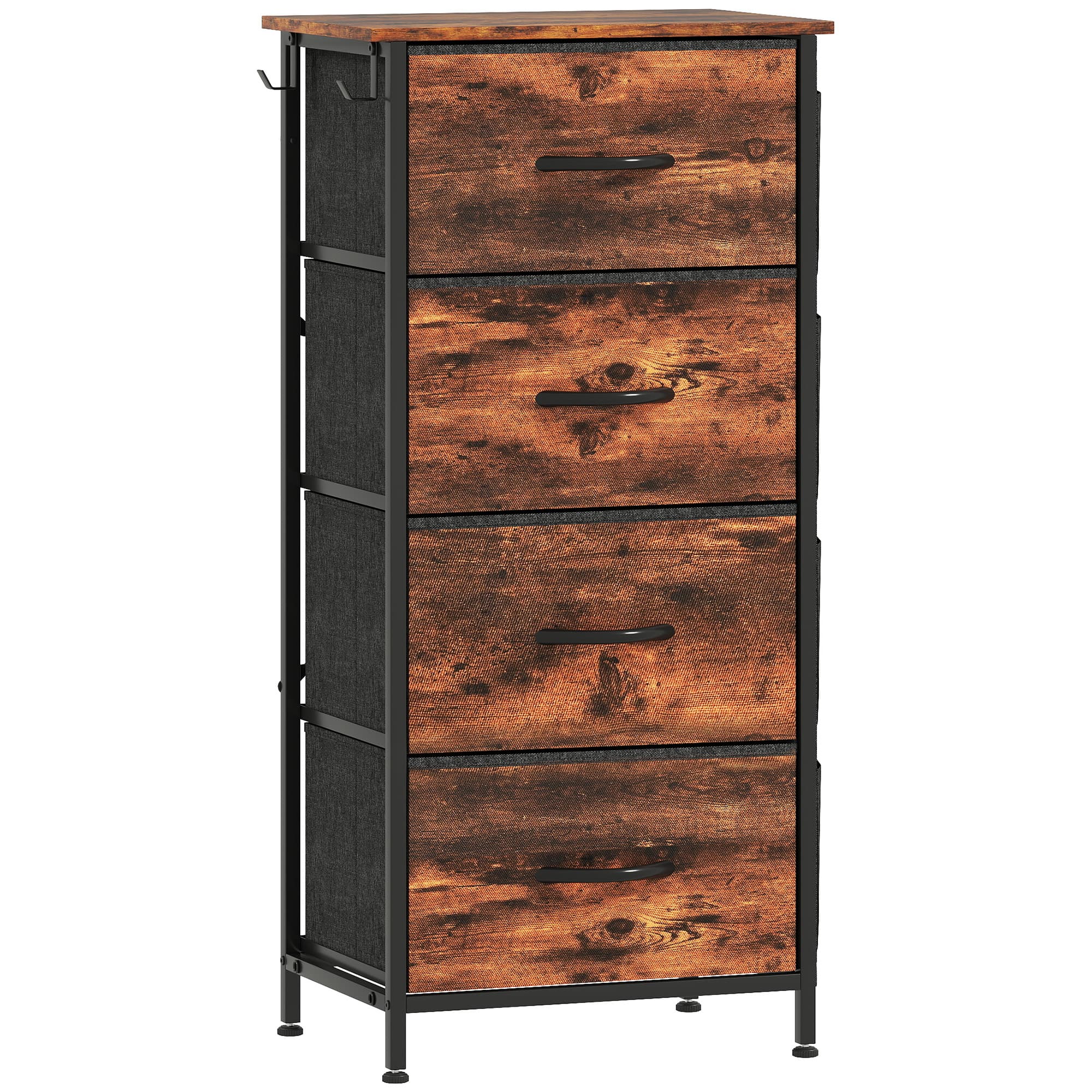 HOMCOM Commode 4 tiroirs en tissu, meuble de rangement avec 4 poches, 2 crochets, structure en acier, 45 x 30 x 94,5 cm, marron