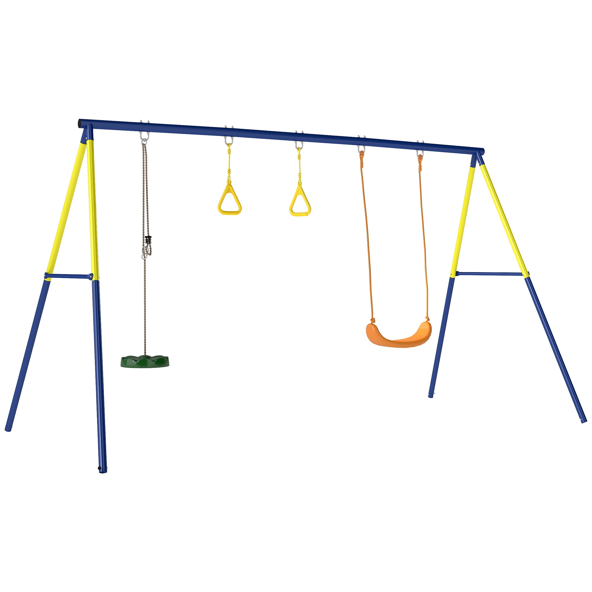 AIYAPLAY Portique Balancoire Exterieur Enfants 3-en-1, Siège de Balancelle, 2 Anneaux Gymnastique et Balançoire à Disque
