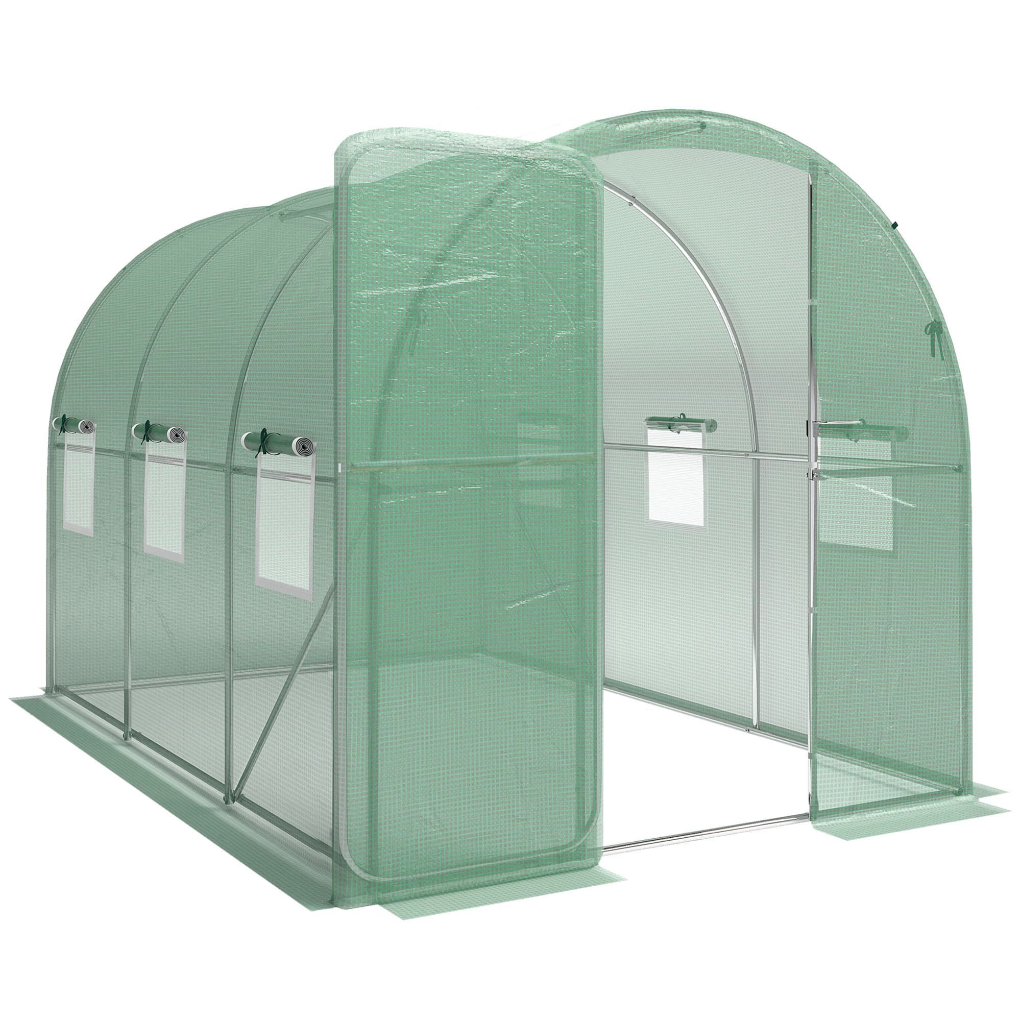 Outsunny Serre tunnel de jardin 6m2, serre de jardin tunnel 200x300x200cm porte et 8 fenêtres, bâche PE 140 g/m2 vert