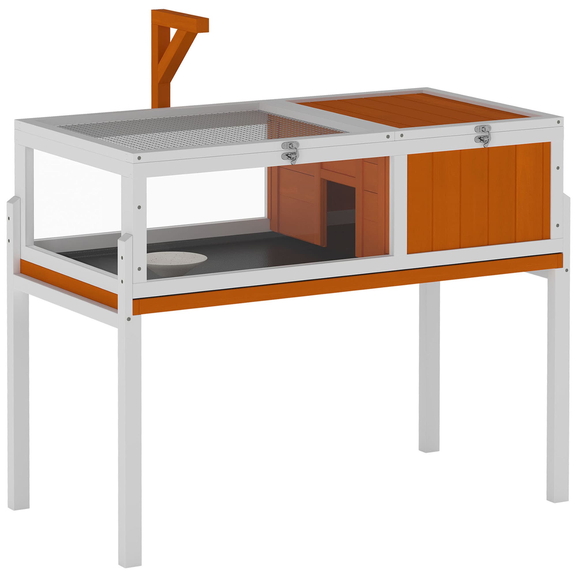 PawHut Maisonnette pour tortues en bois Enclos pour tortues avec maison principale, hublot, couvercle, 104cm x 53cm x 82cm, Blanc+Orange