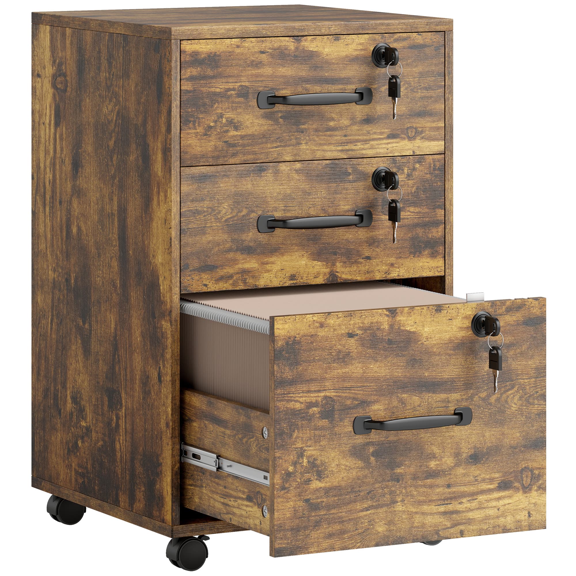 HOMCOM Caisson de Bureau Mobile avec 3 Tiroirs Verrouillables, Caisson de Rangement sur Roulettes, 40 x 40 x 69,5 cm, Marron