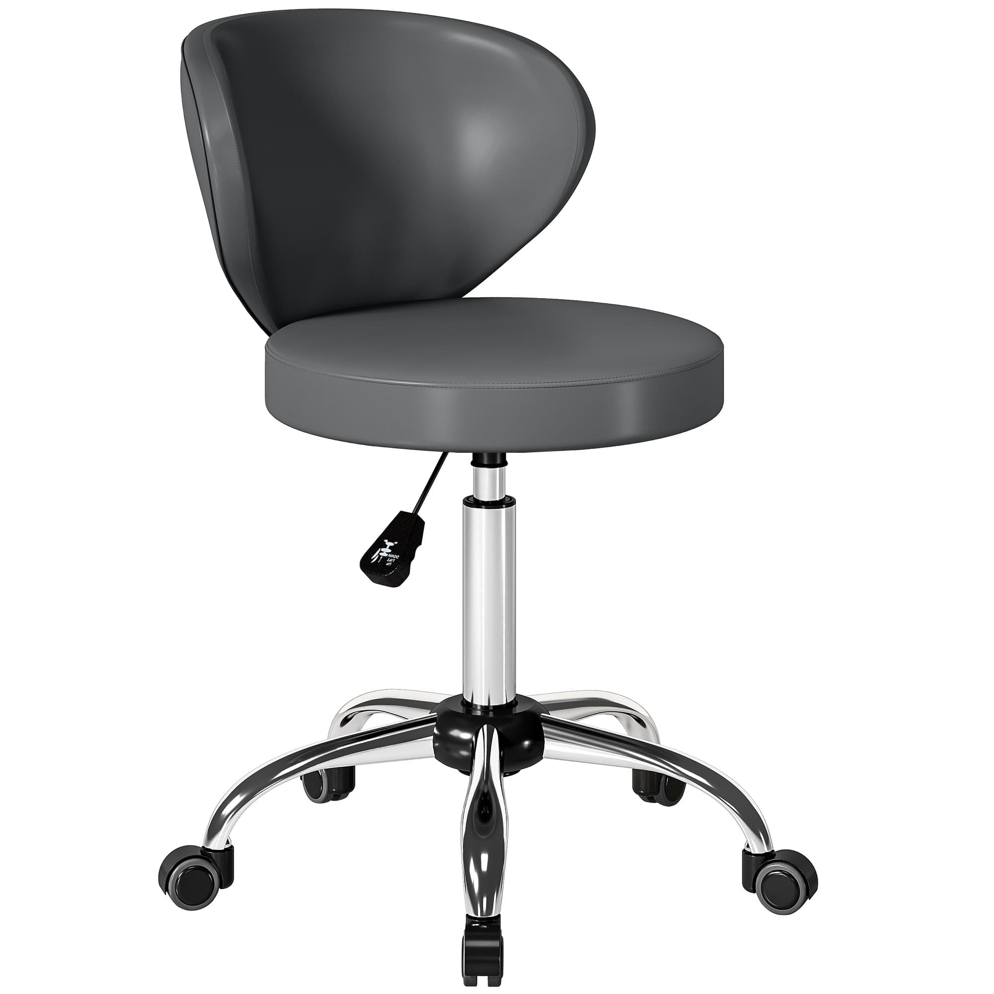 HOMCOM Tabouret à roulettes, tabouret de massage en PU avec hauteur réglable 73-88 cm et dossier, pivotant 360°, gris
