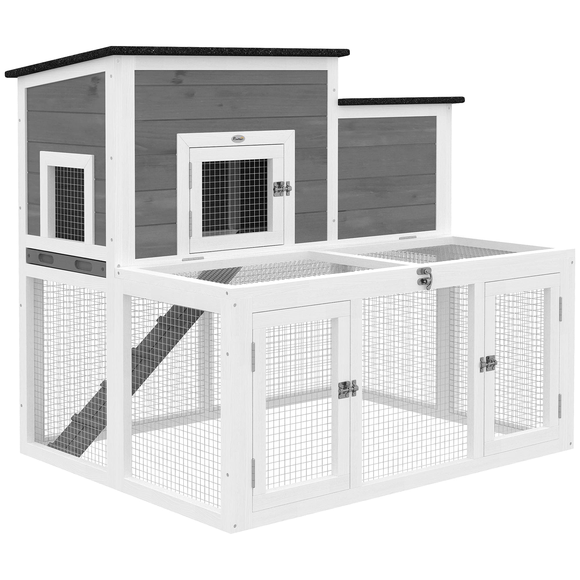 PawHut Clapier Lapin Extérieur en Bois Cage à Lapin Intérieur Double Toit Ouvrant Imperméable 2 Niveaux avec Enclos Gris