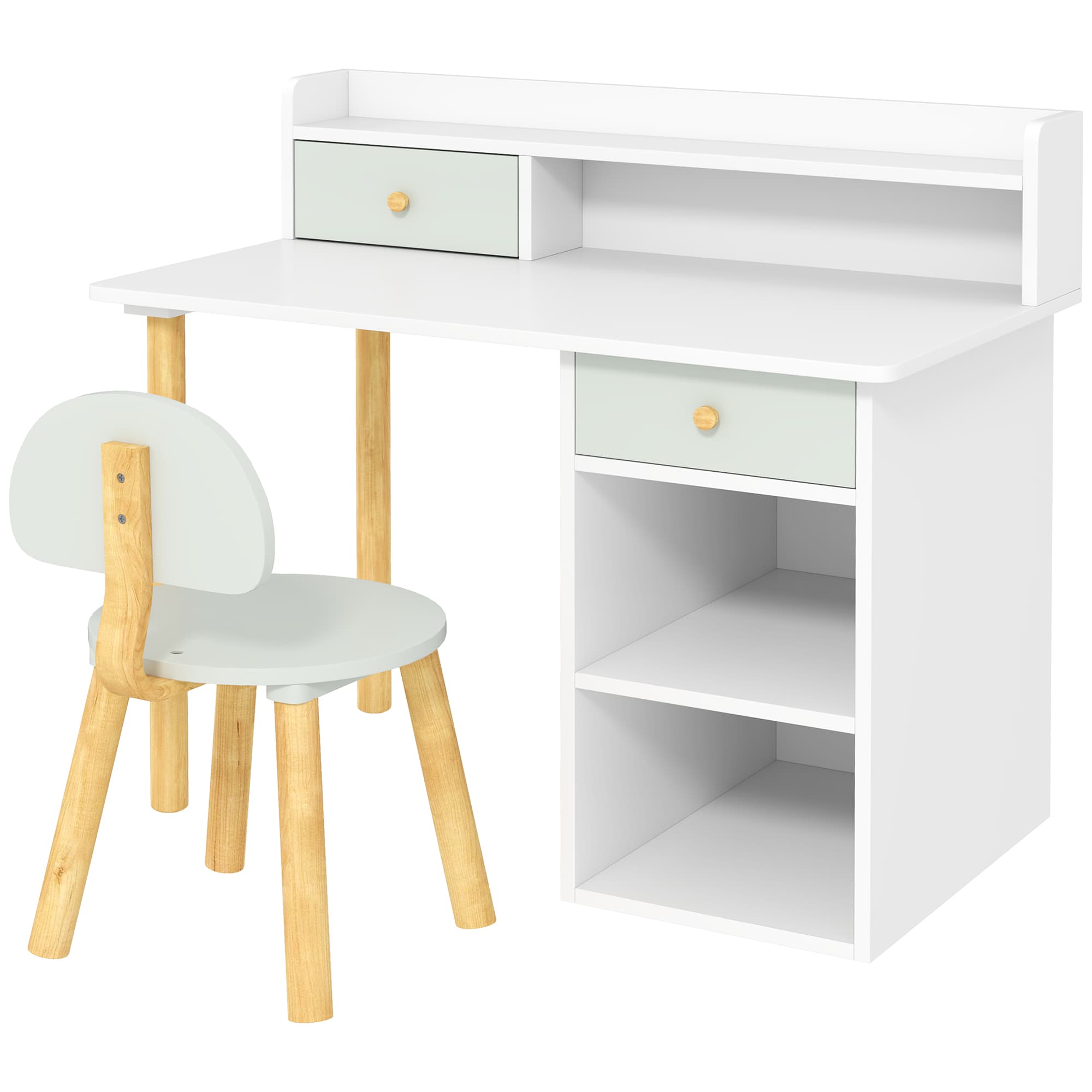 AIYAPLAY Bureau enfant avec chaise, table enfant et chaise avec 2 tiroirs et étagères ouvertes, 85 x 48 x 73 cm, vert