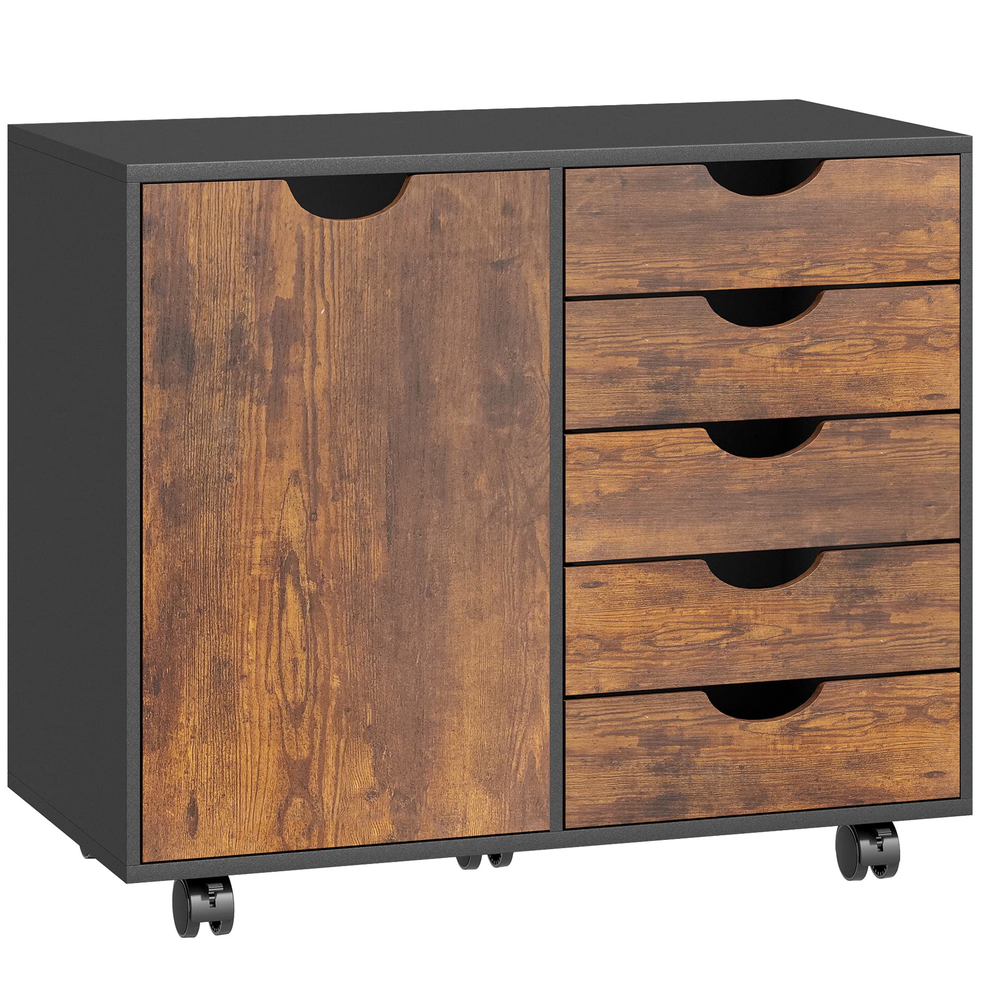 HOMCOM Meuble de rangement pour bureau 5 tiroirs 1 porte étagère réglable, support imprimante roulettes, 78x40x66,5 cm, marron