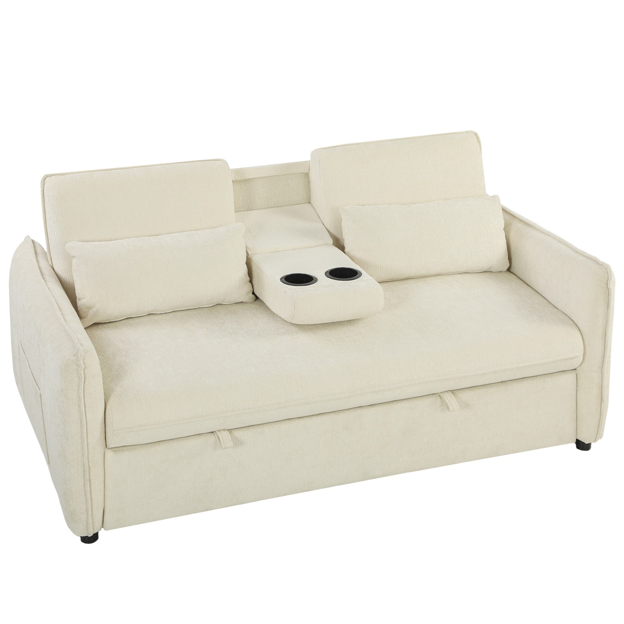 HOMCOM Canapé convertible 2 places 3 en 1, canapé-lit clic clac en chenille avec dossier réglable, porte-gobelets, beige