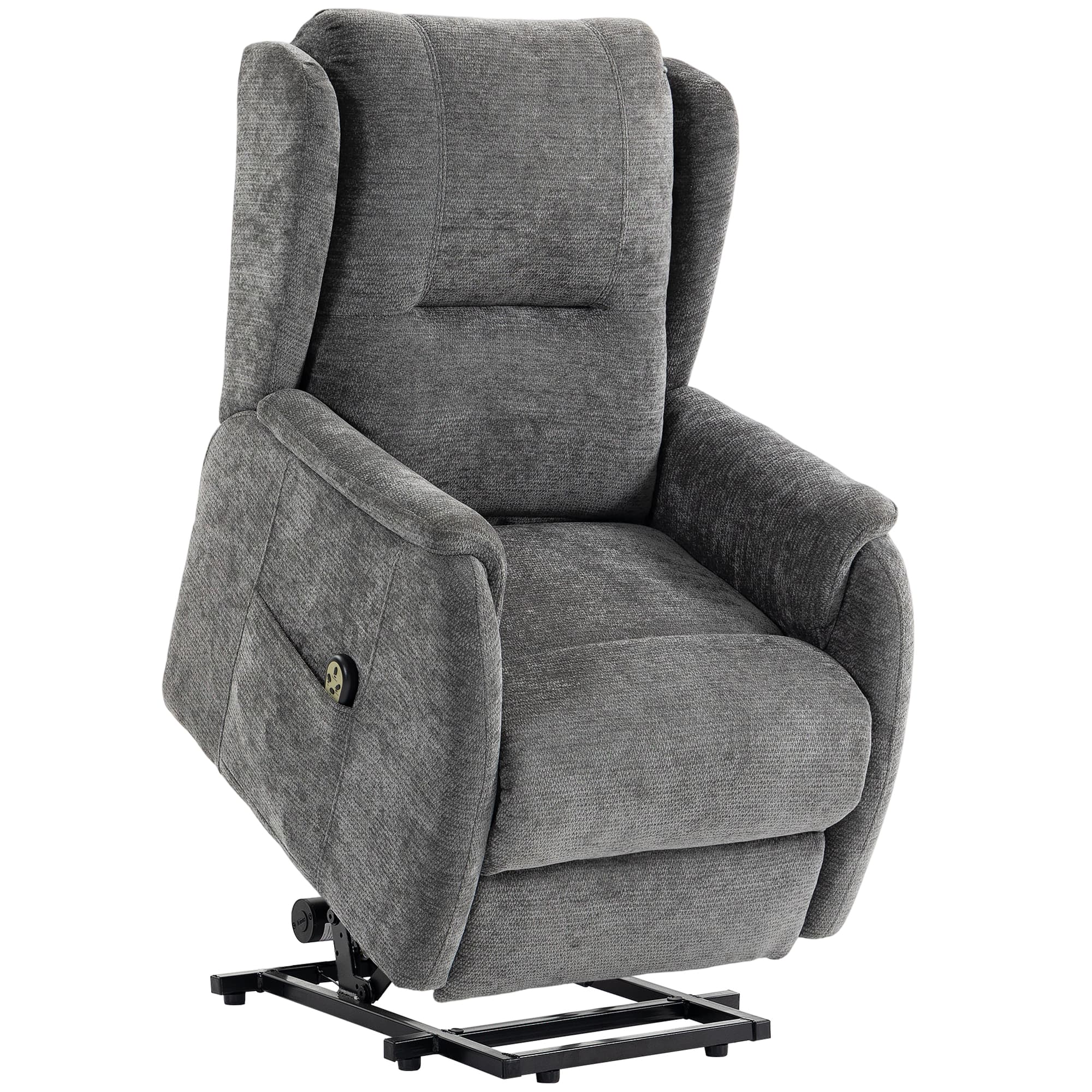 HOMCOM Fauteuil TV relax avec assistance au lever pour seniors, aspect chenille, avec télécommande et poches latérales, Gris foncé