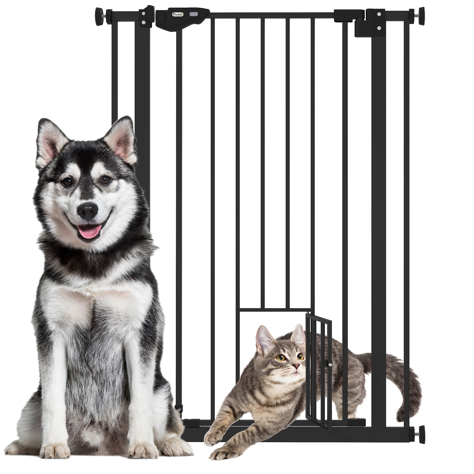 PawHut Barrière de sécurité animaux de 104H cm avec porte fermeture automatique système de double verrouillage sans percage de 74 à 80 cm acier noir