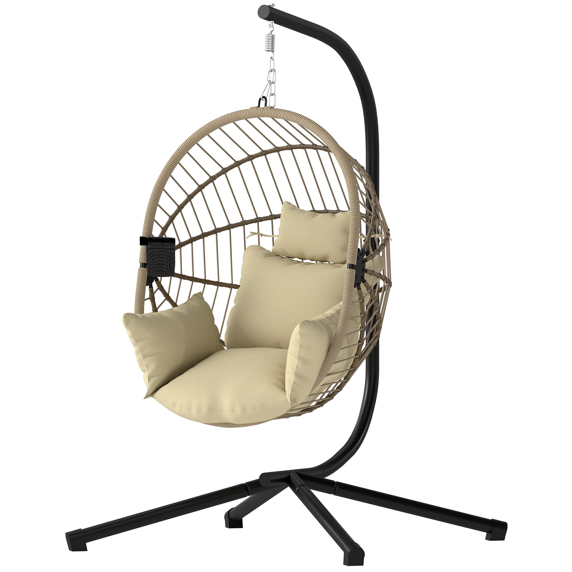 Outsunny Fauteuil Œuf Suspendu, Chaise Hamac Balançoire Intérieur et Extérieur, Panier Pliable, Coussin Rembourré, Kaki