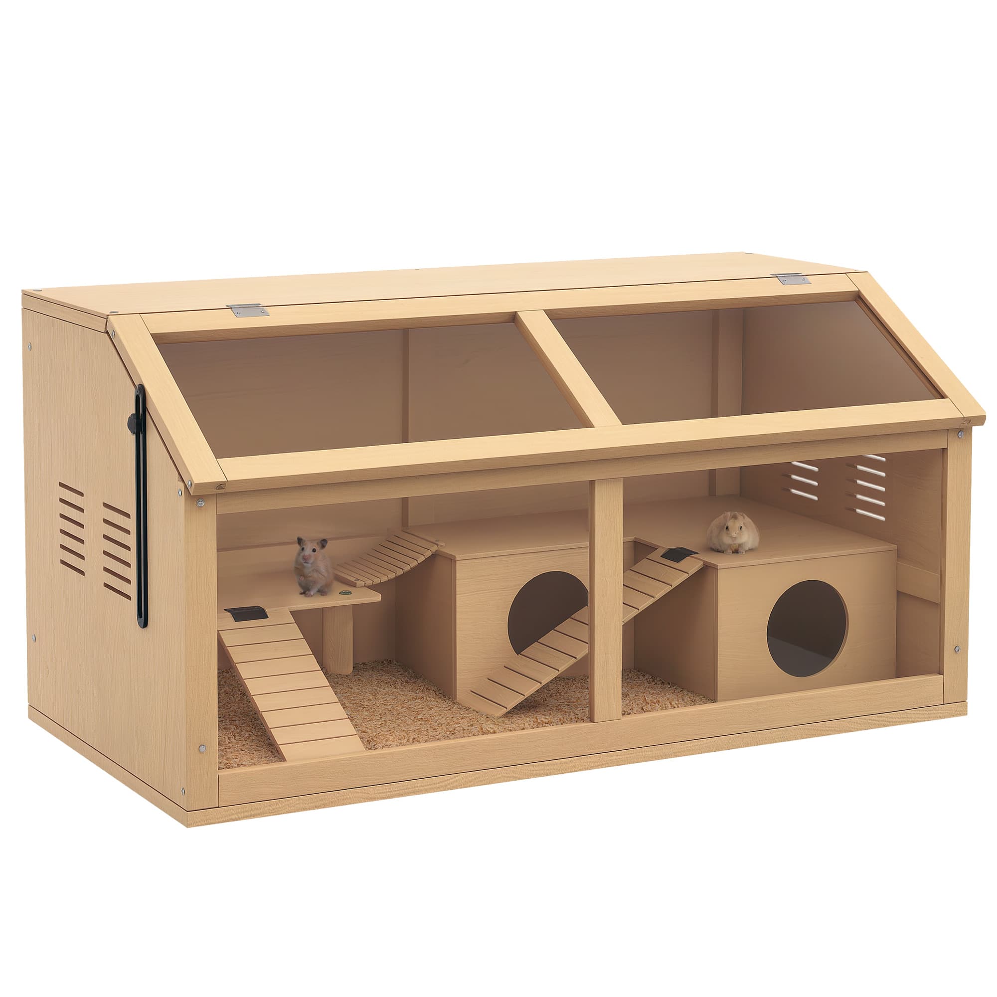 PawHut Cage hamster en bois habitat grand pour rongeur ventilation couvercle ouvrant et accessoires 85x45x44cm bois naturel