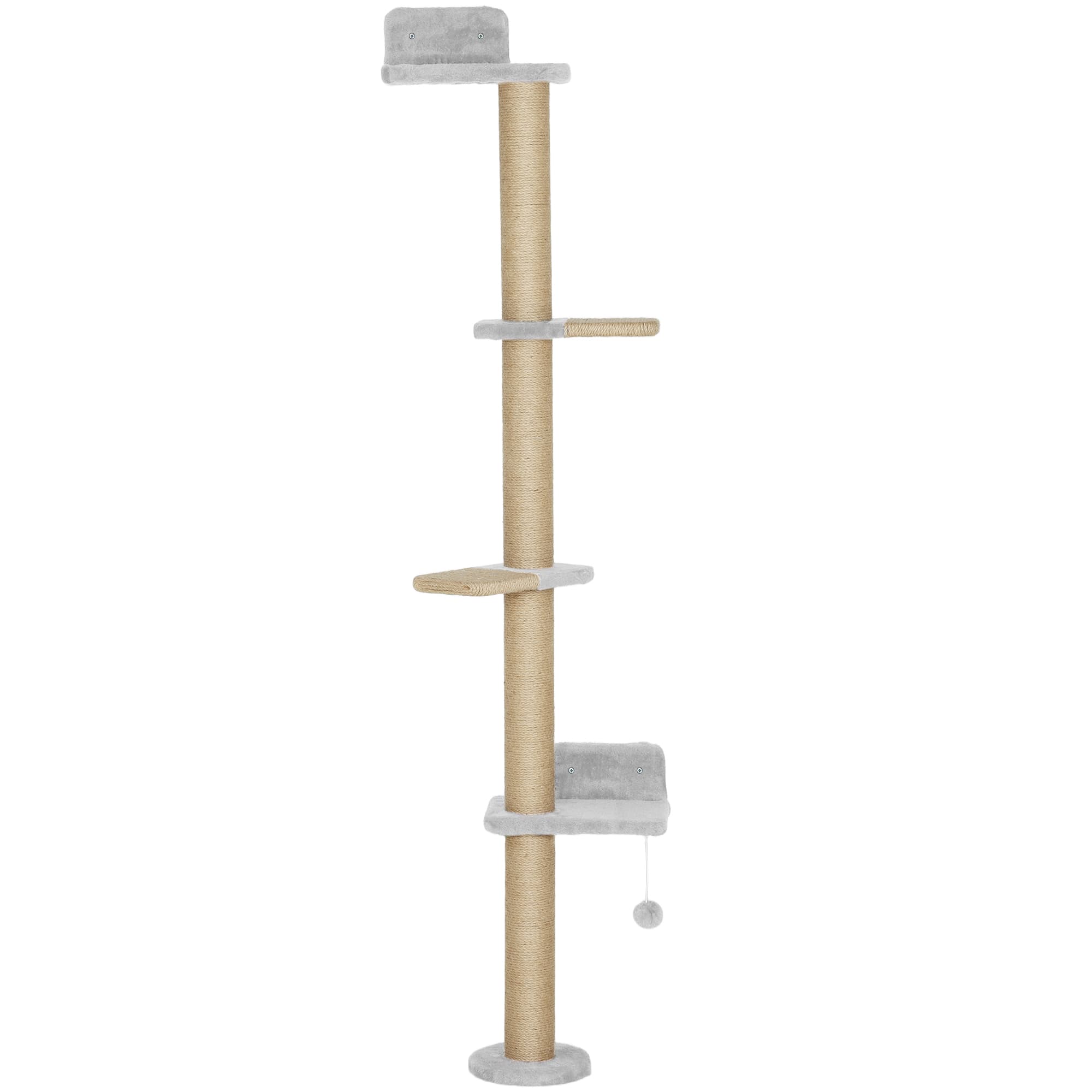 PawHut Étagères Murales pour Chat 180 cm, 4 Plateformes d'Escalade, Poteau à Griffer en Jute et Jouet Suspendu, Gris Clair