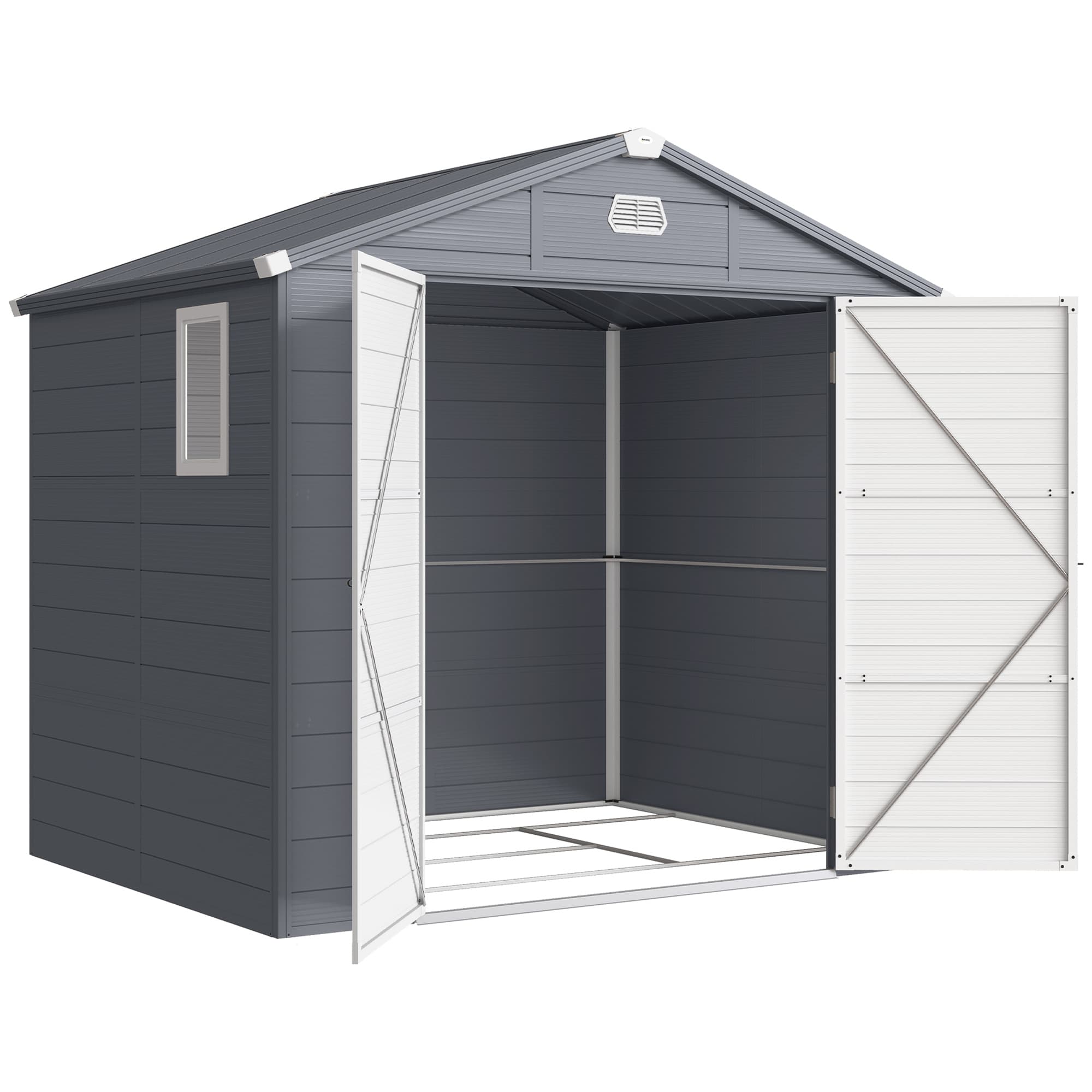 Outsunny Abri de jardin en résine 4,56 m2 avec kit de fondation galvanisé structure en aluminium 240 x 190 x 228 cm gris foncé