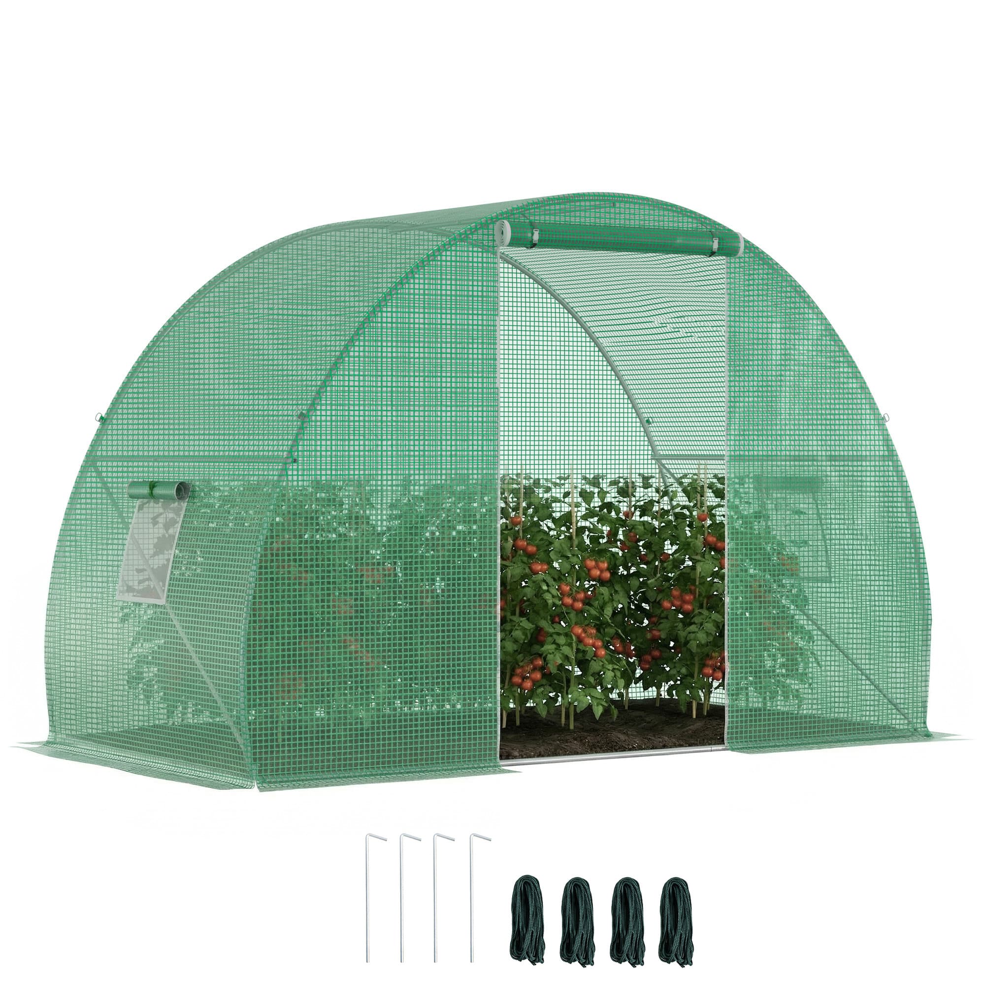 Outsunny Serre de Jardin serre tunnel surface Sol 4,5 m2 dim. 3L x 1,5l x 2H m Porte zippée 2 fenêtres enroulables Vert