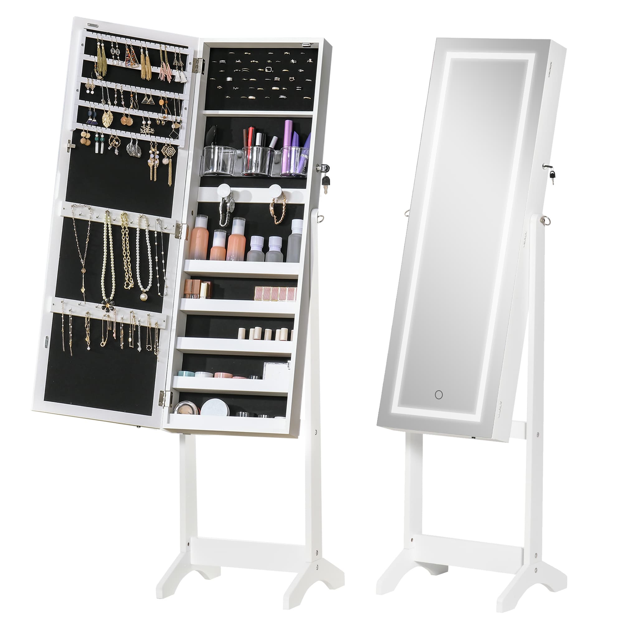 HOMCOM Armoire à bijoux avec miroir à pied multi-rangement inclinaison réglable porte verrouillable éclairage LED dim. 46l x 36,5P x 151,5H cm blanc