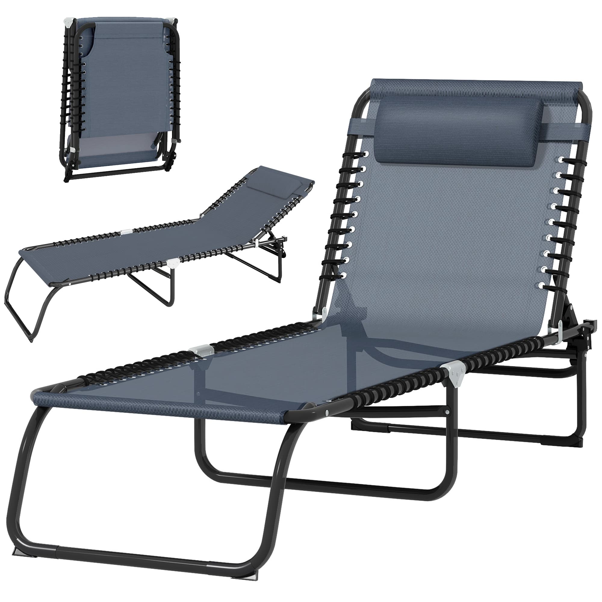 Outsunny Bain de Soleil transat Pliable Dossier inclinable Multi-Positions Acier thermoplastique Lacets élastiques Noir textilène Gris