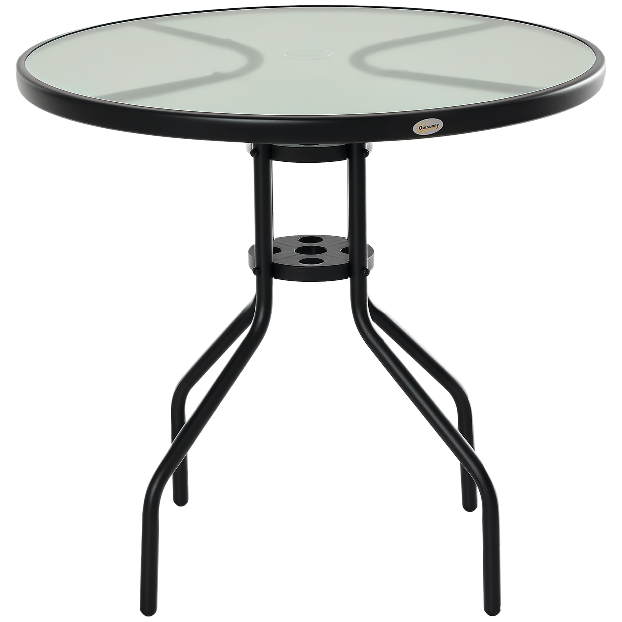 Outsunny Table ronde bistrot de jardin dim. Ø 80 x 72H cm espace installation parasol acier époxy noir plateau verre trempé aosom france