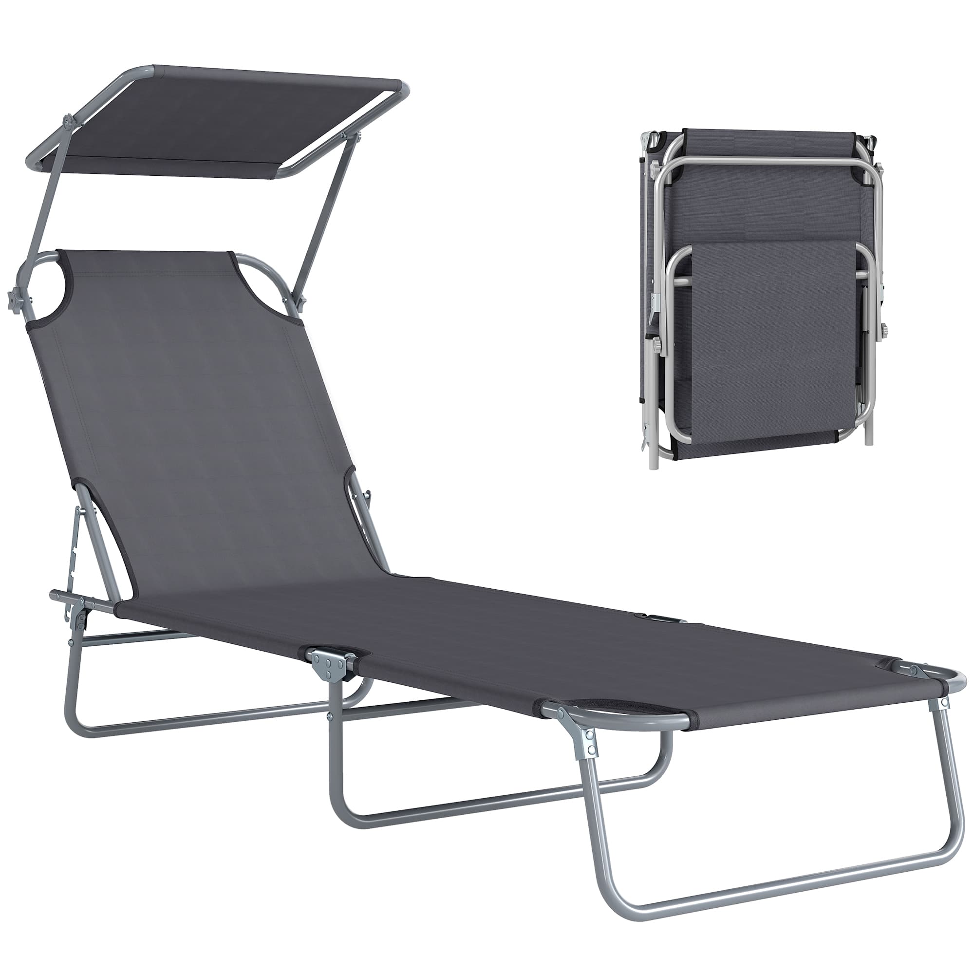 Outsunny Transat Bain de Soleil Chaise Longue Pliable Dossier Inclinable Multi-positions et Pare-Soleil réglable Dim. 187L x 58l x 36H cm Gris