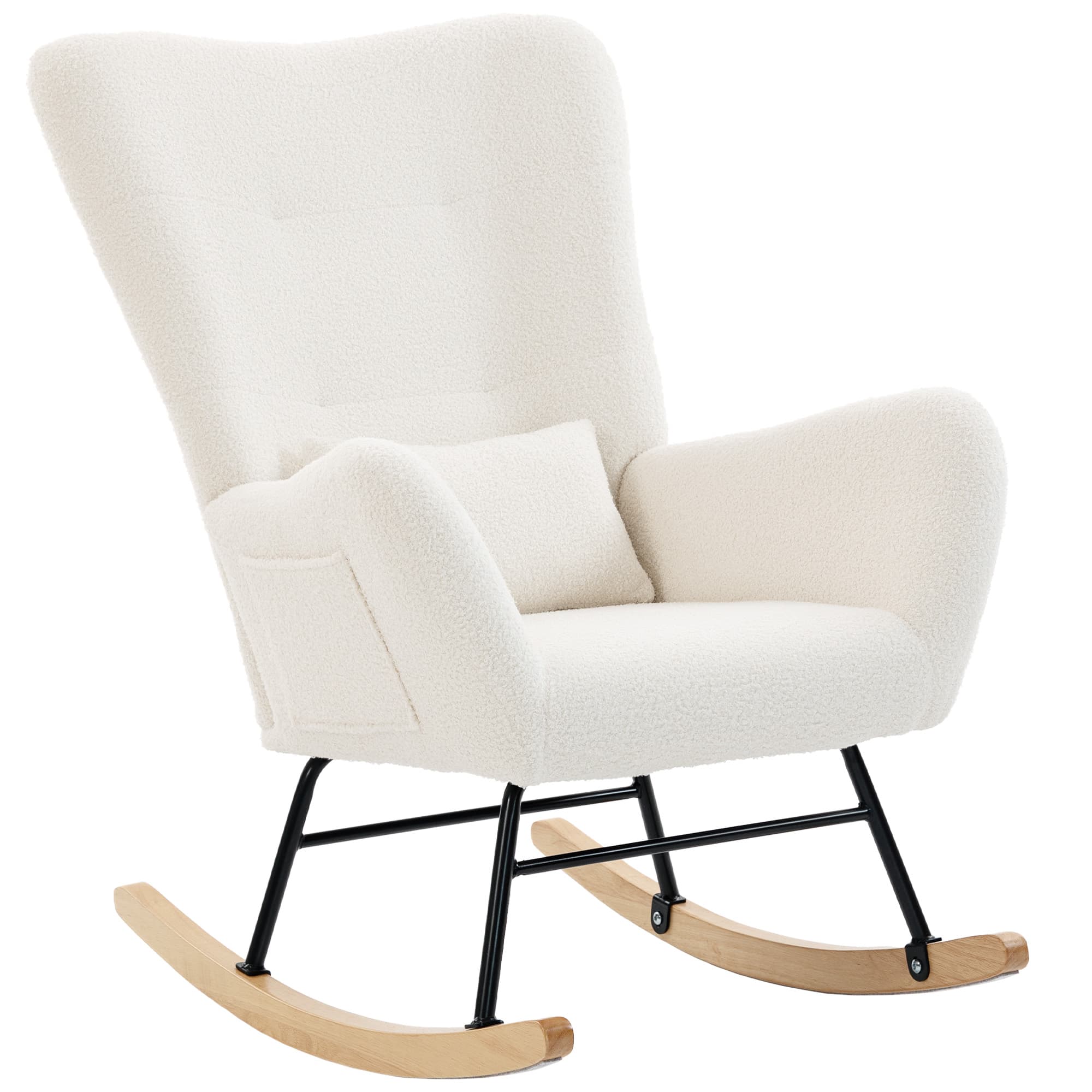 HOMCOM Fauteuil à Bascule, Rocking Chair en Peluche Teddy avec Dossier Haut, Coussin, Pieds en Bois d'Hévéa, Crème