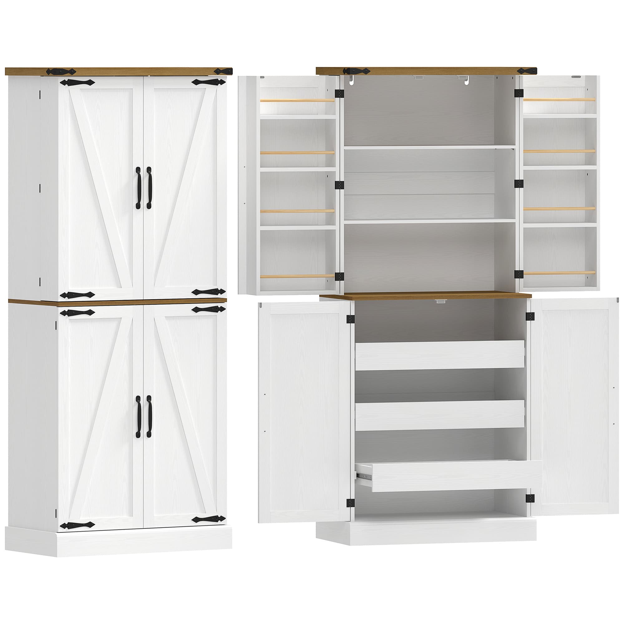 HOMCOM Buffet haut cuisine, armoire de cuisine, 4 portes, 3 tiroirs, 8 porte-racks et étagères réglables, 76x40x182cm, blanc