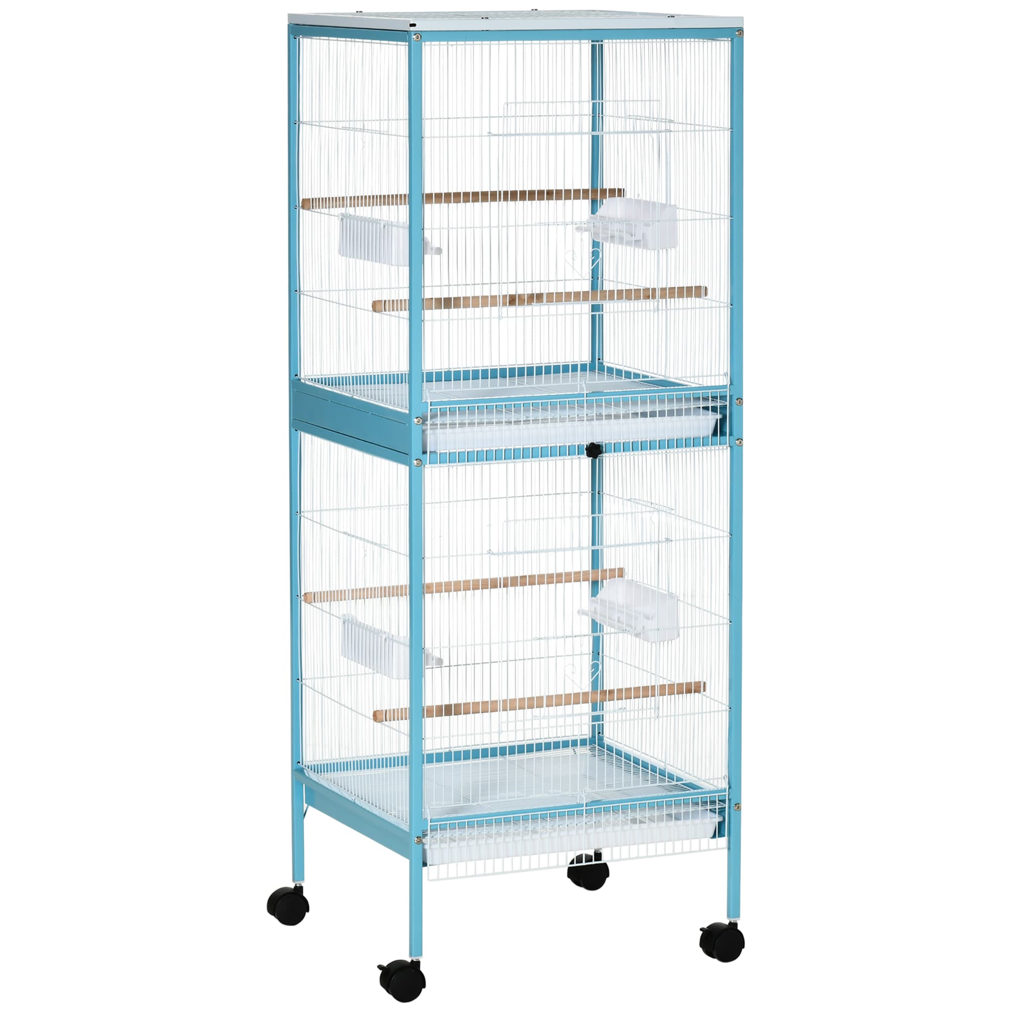 PawHut Grande Cage à Oiseaux sur pied double avec mangeoires perchoirs plateau amovible roulettes - Dim. 51,5L x 50l x 140H cm