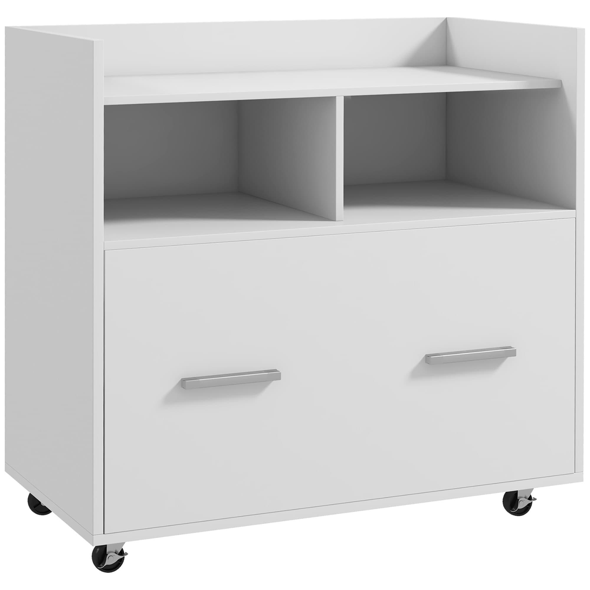 HOMCOM Meuble de rangement latéral avec roulettes et étagère ouverte, grand tiroir, barre réglable Blanc