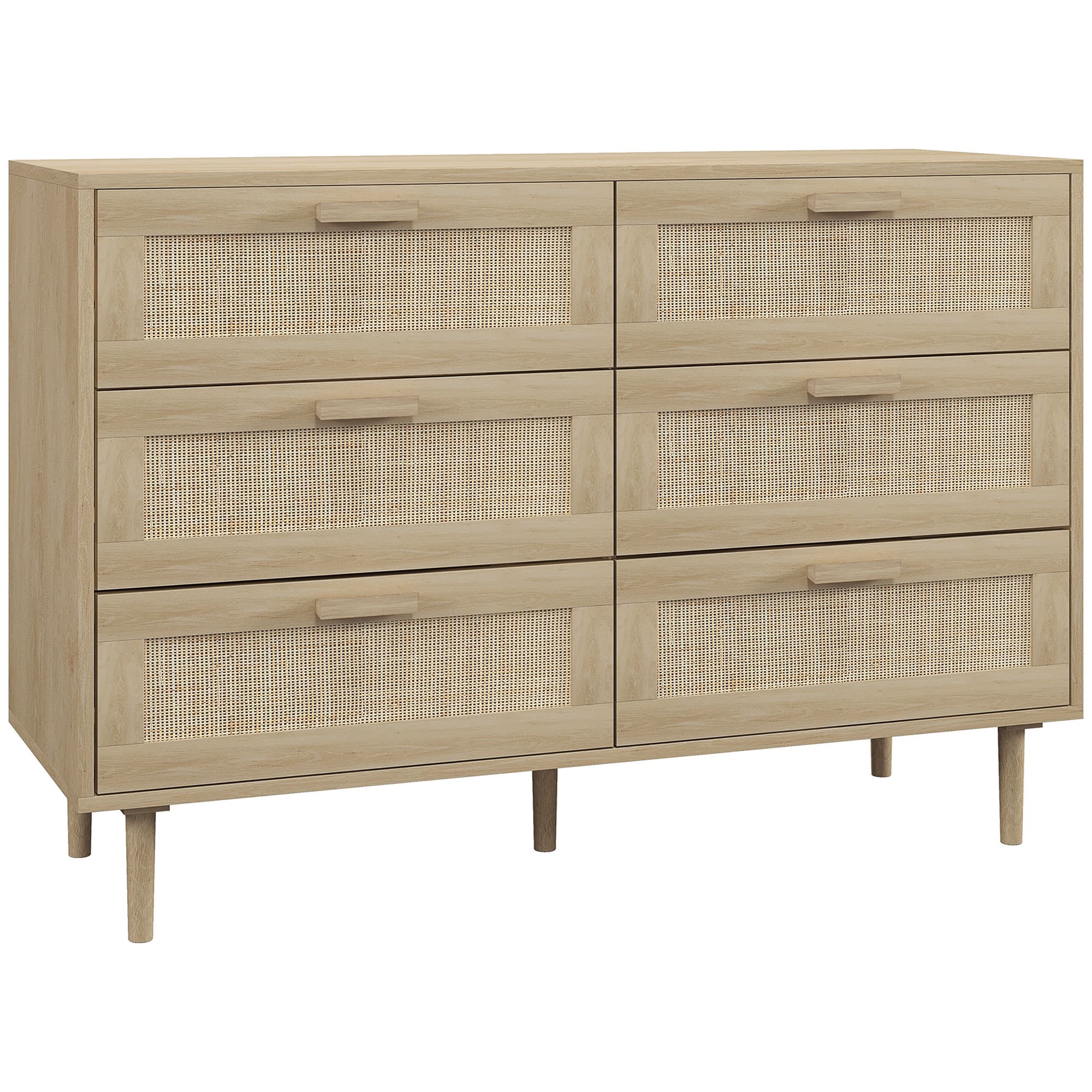HOMCOM Commode 6 tiroirs meuble de rangement avec tissage en rotin dim. 110L x 40l x 75H cm Aspect Bois Clair