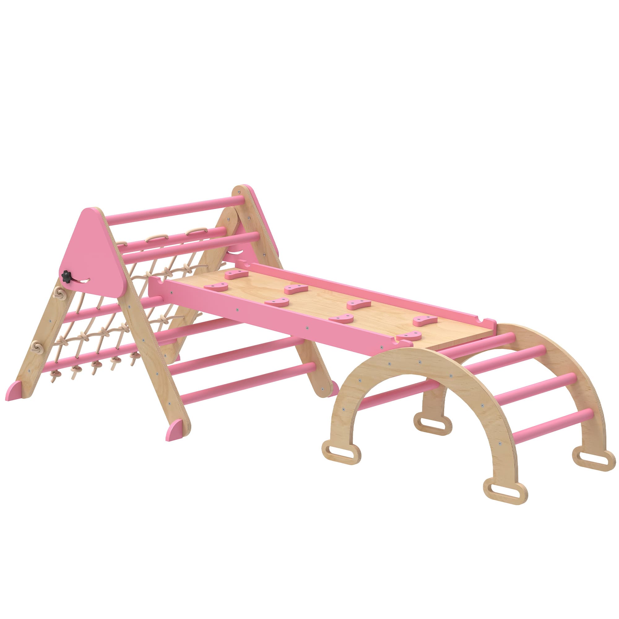 AIYAPLAY Triangle d'escalade enfants 8 en 1 avec rampe double face, arc d'escalade en bois avec toboggan & échelle, rose