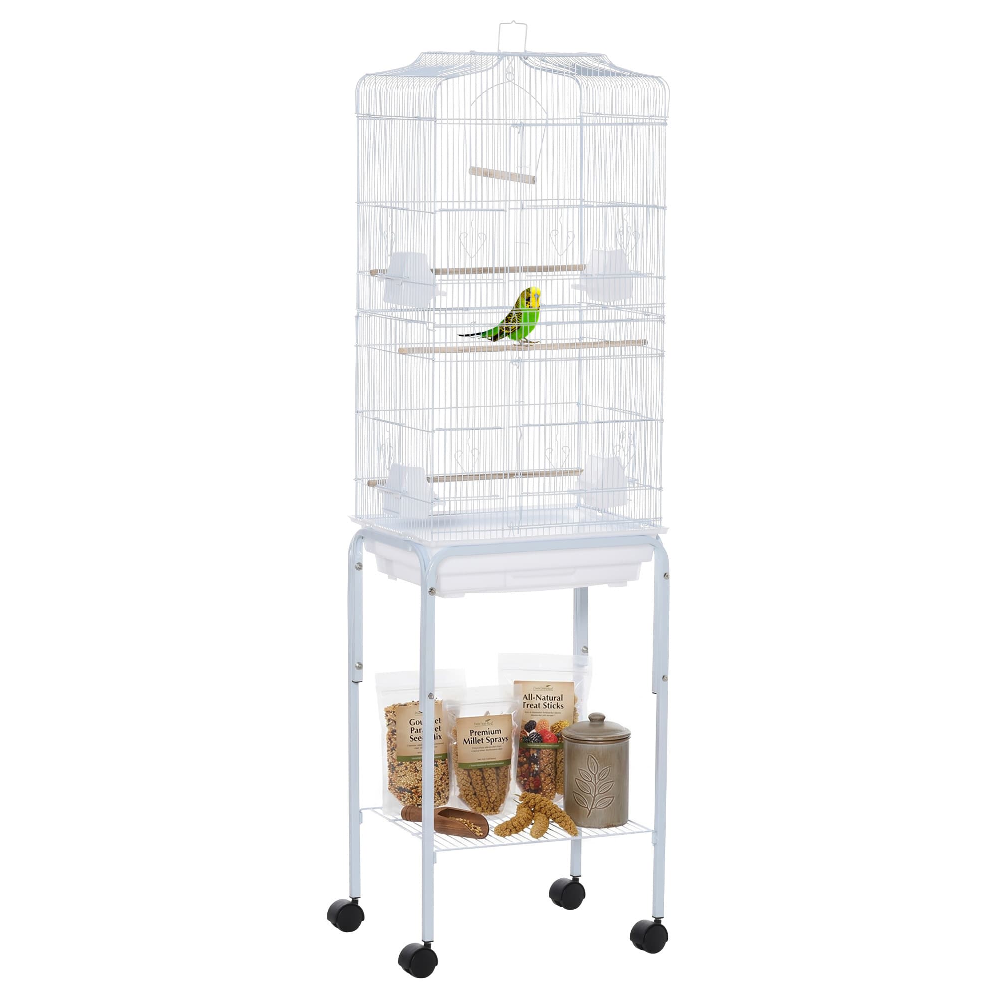 PawHut Volière sur Pied Roulettes Toit Ouvrant 3 Perchoirs Étagère 46,5x36x157cm Aosom France