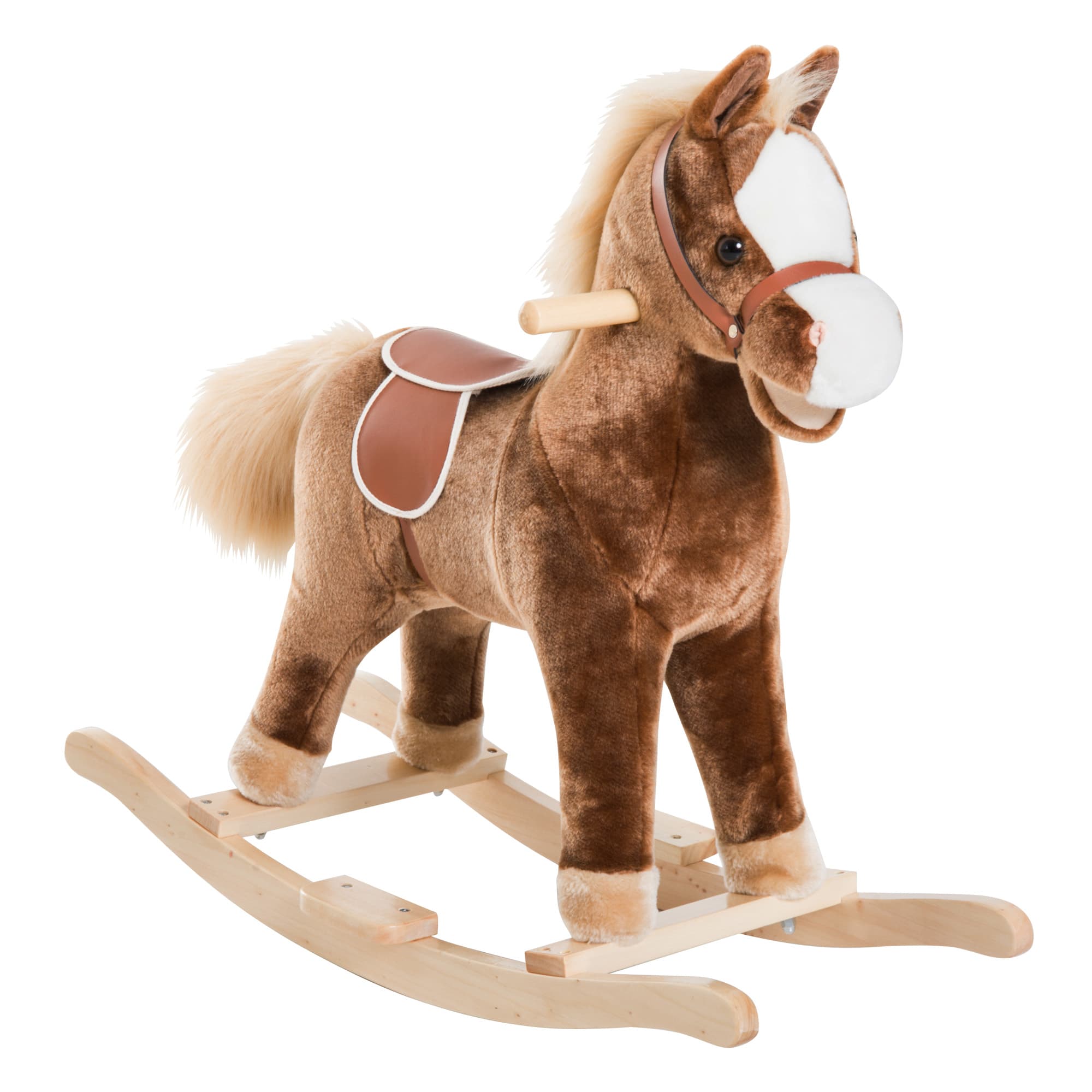 HOMCOM Cheval à Bascule Cheval de Cowboy Selle Grand Confort Peluche Courte Douce Bois peuplier Brun Blanc
