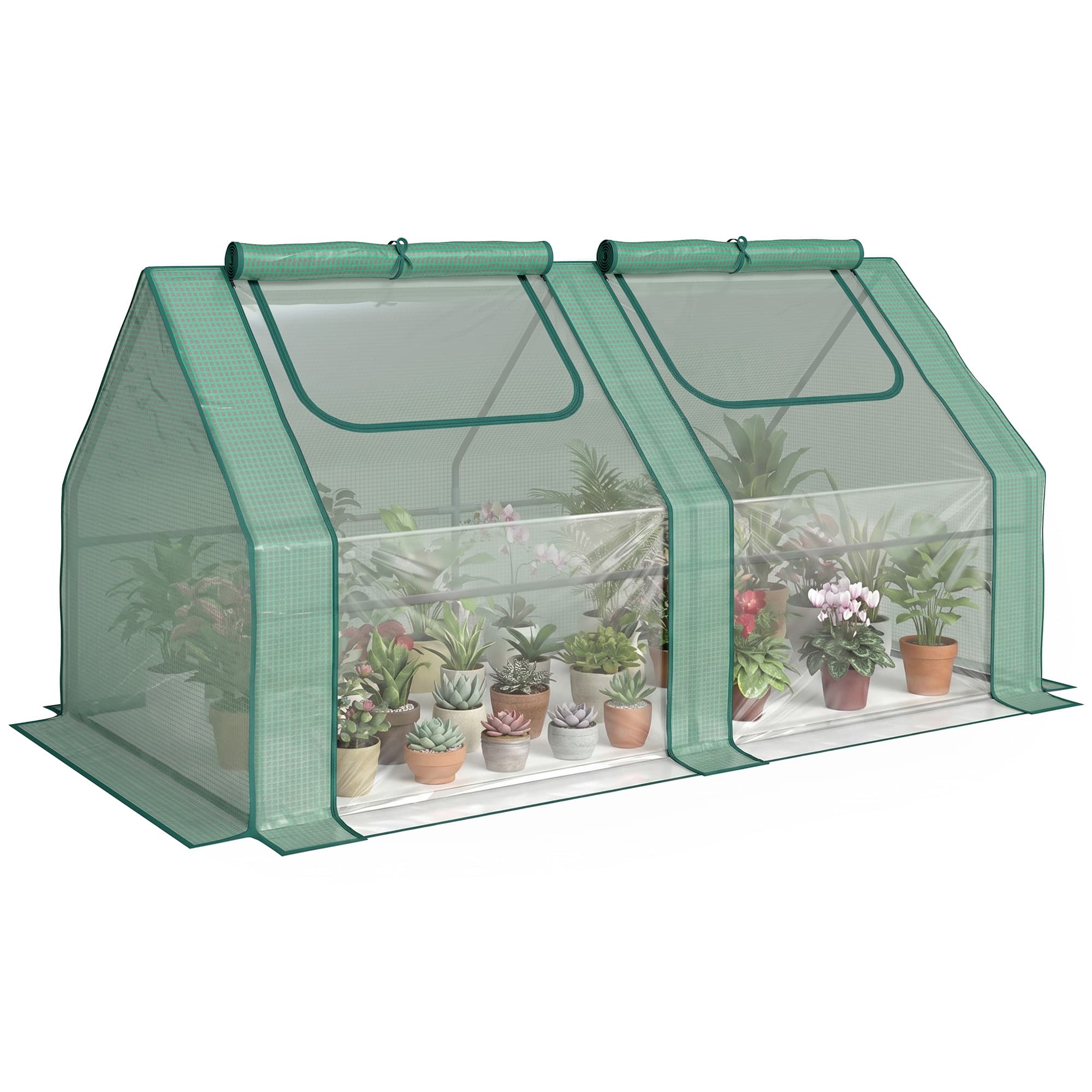 Outsunny Serre de Jardin mini serre tunnel double bâche toit pointu 180L x 90l x 90H cm Acier PE PVC 2 fenêtres avec Zip enroulables Vert