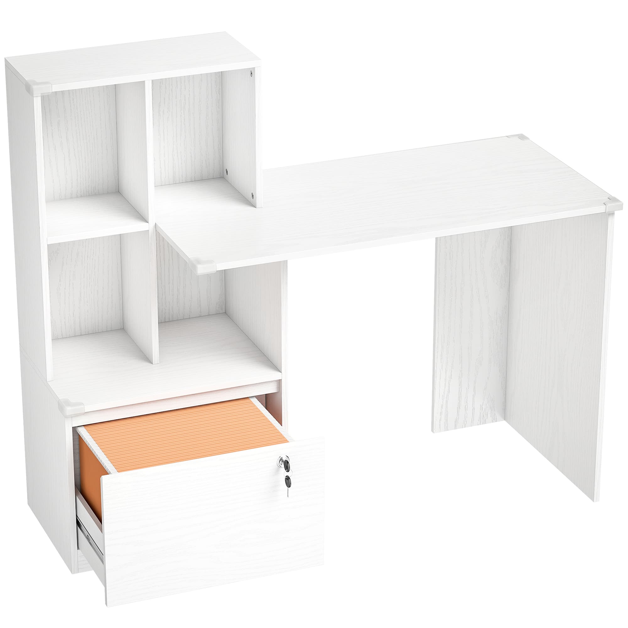 HOMCOM Bureau d'ordinateur avec bibliothèque 4 compartiments et tiroir verrouillable, 126 x 50 x 109 cm, grain de bois blanc