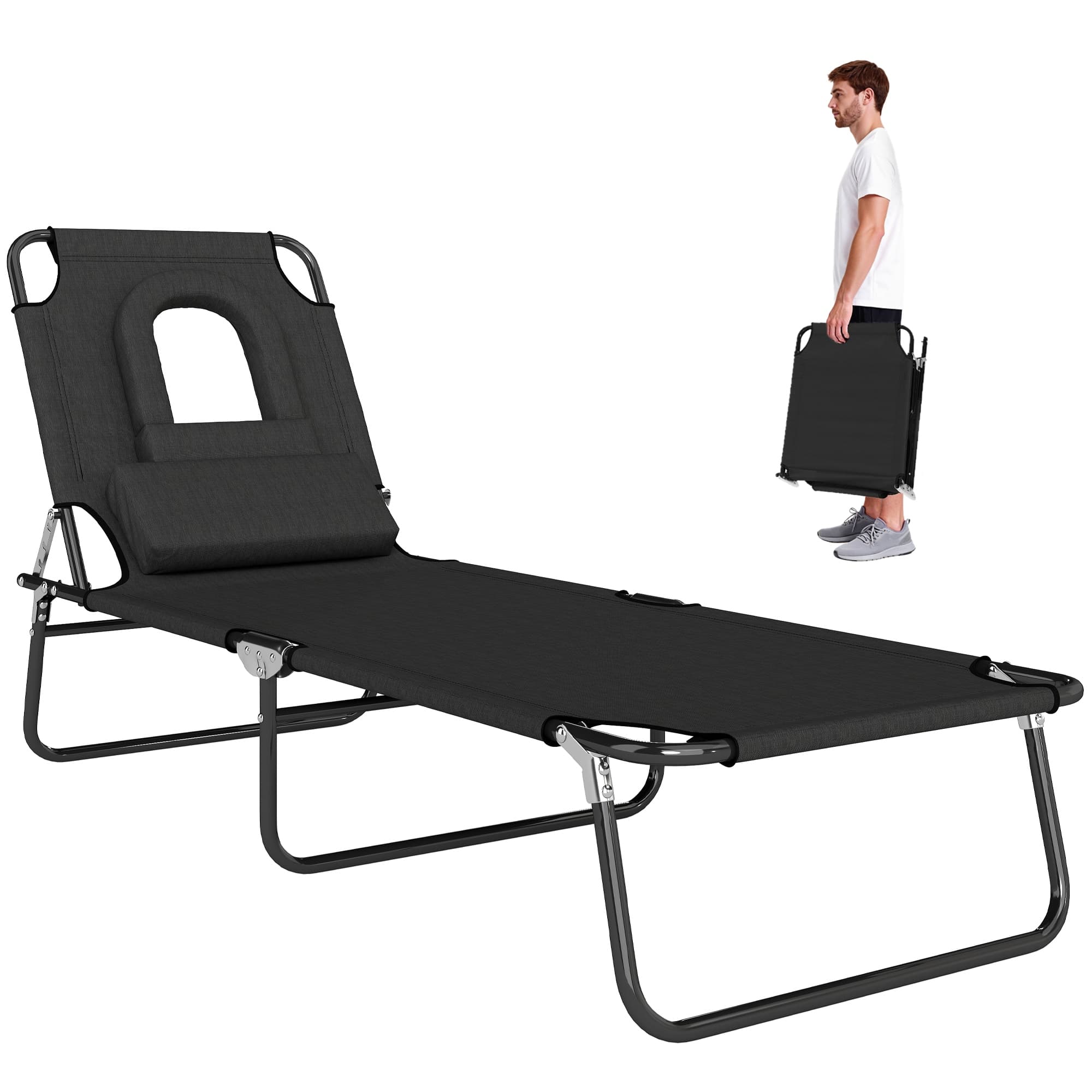 Outsunny Chaise Longue Pliable Bain de Soleil Transat avec Trou de Lecture Dossier 4 Positions de Réglage Oreillers Amovibles Charge Max.120 Kg