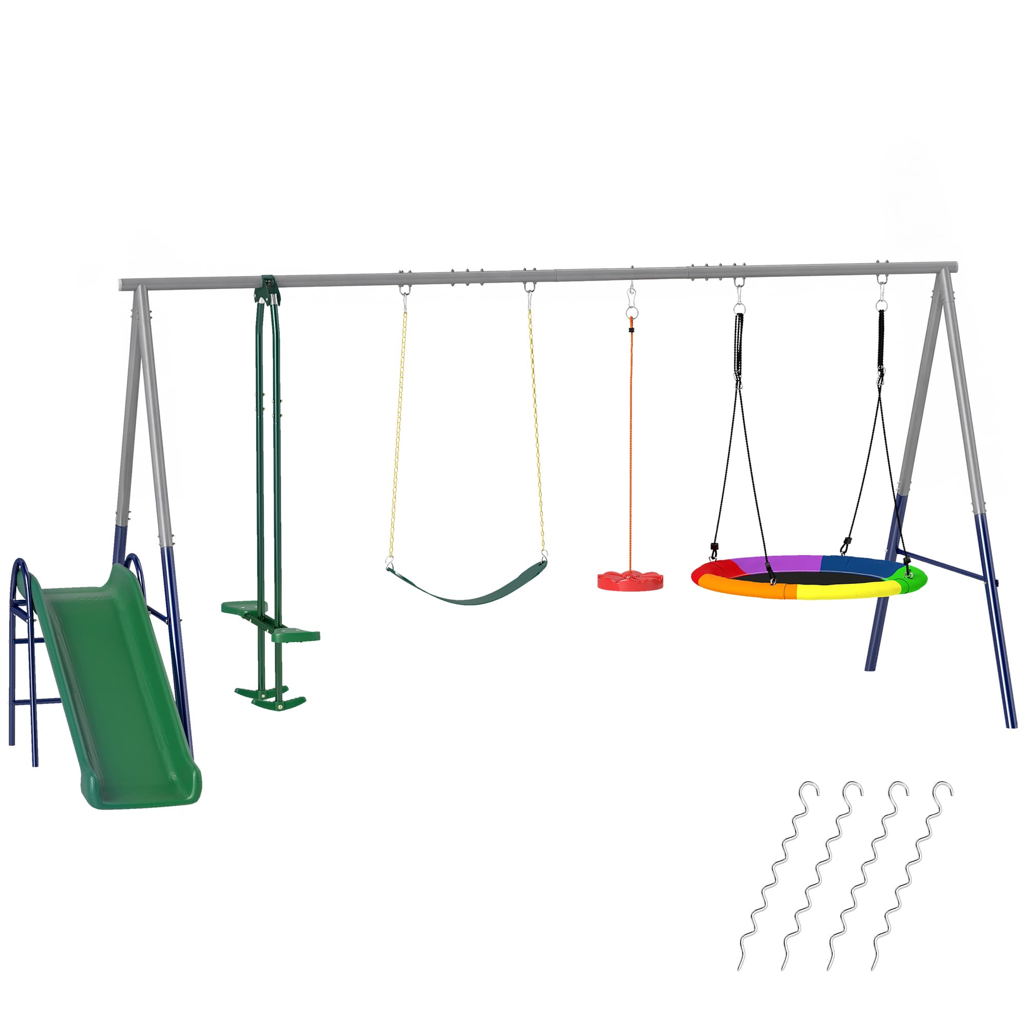 AIYAPLAY Balançoire Portique Enfants 5 en 1 avec Toboggan, 3 Balançoire, Face à Face, Hauteur Réglable, 3-8 ans, Multicolore