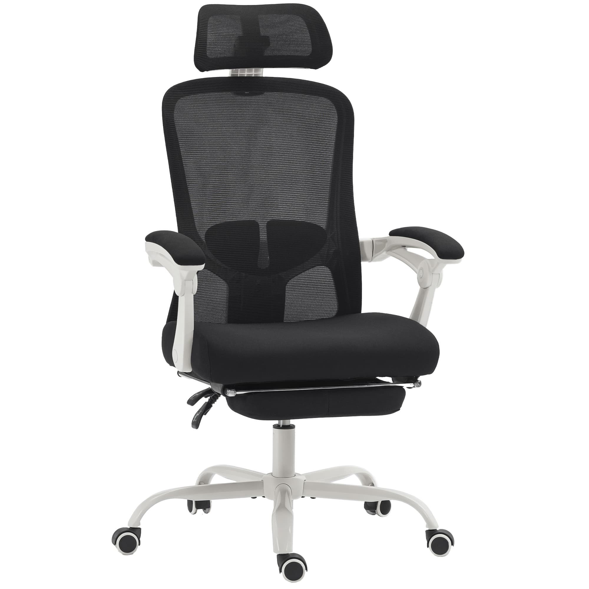 HOMCOM Chaise de Bureau Inclinable 135° avec Repose-Pieds, Support Lombaire, Appuie-tête, Hauteur Réglable, en Maille, Noir