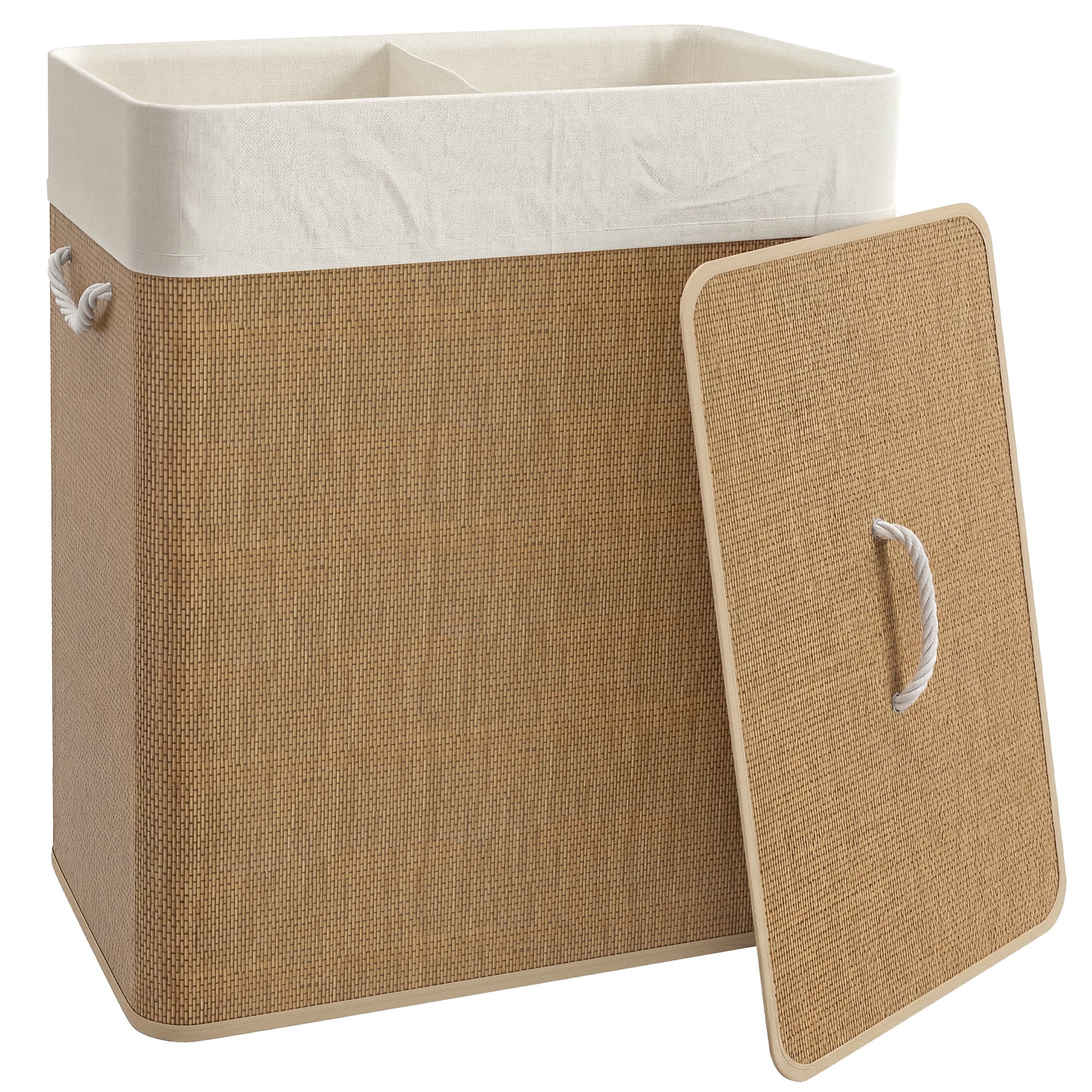 HOMCOM Panier à linge double avec couvercle, panier à linge en bambou 100 L avec poignées en corde